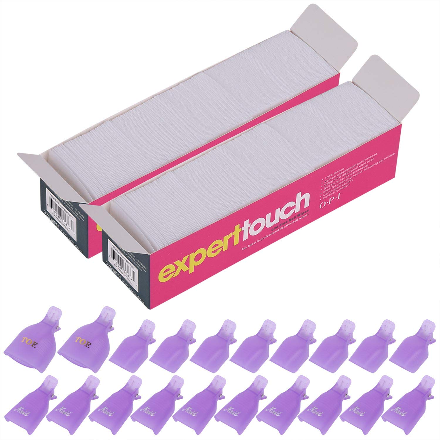 650 Pcs Lint Free Nail Wipes 2" x 2" Nail Polish Removers Cotton Pads and 20 Pcs Reusable Toes & Fingers Nail Soak Off Clips
