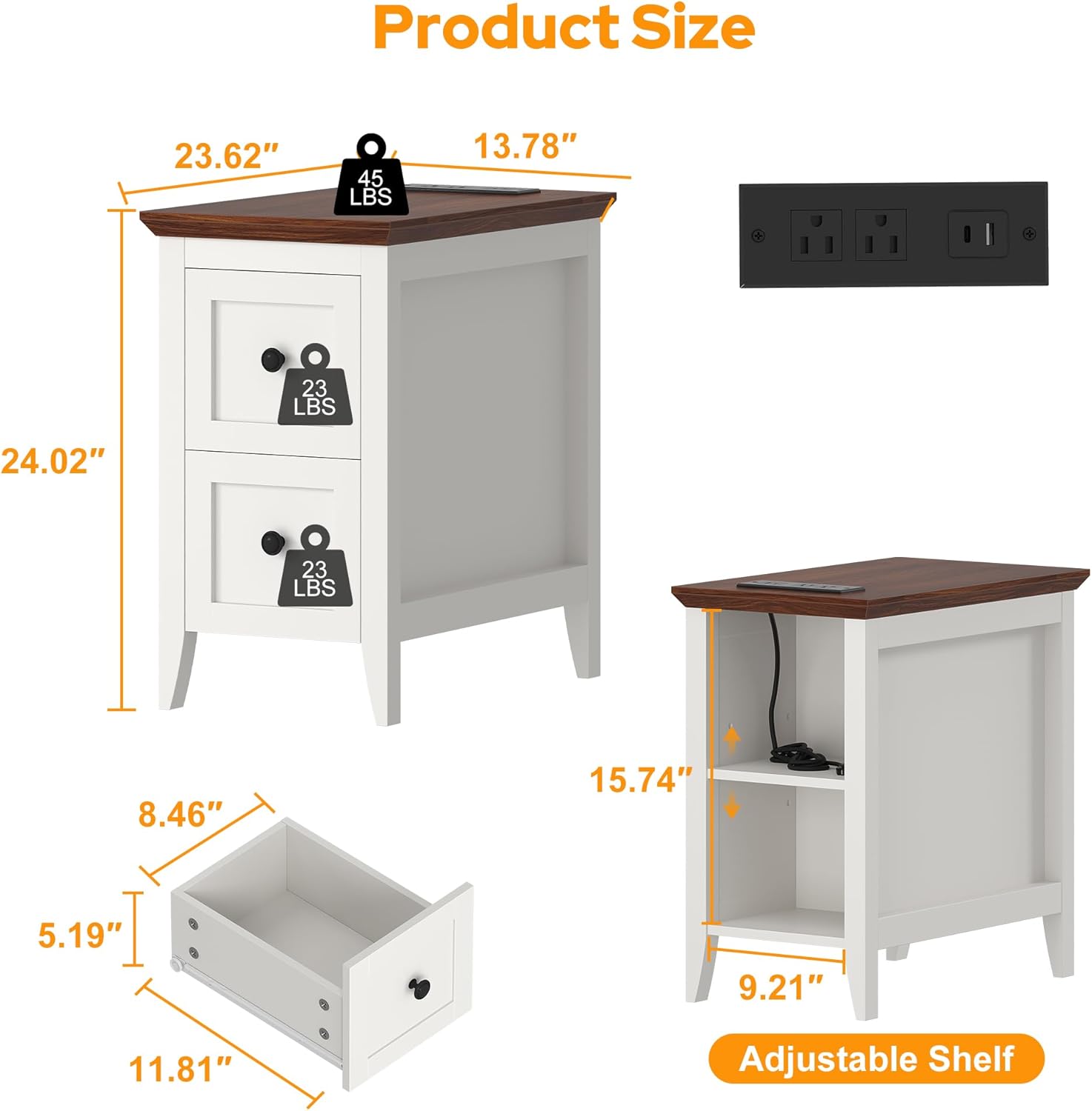 Farmhouse End Table with Charging Station, Narrow Side Table with 2 Drawers and Open Back Storage, Skinny Bedside Table, Slim Sofa Side Table, Small Wood Nightstand for Living Room Bedroom (White)