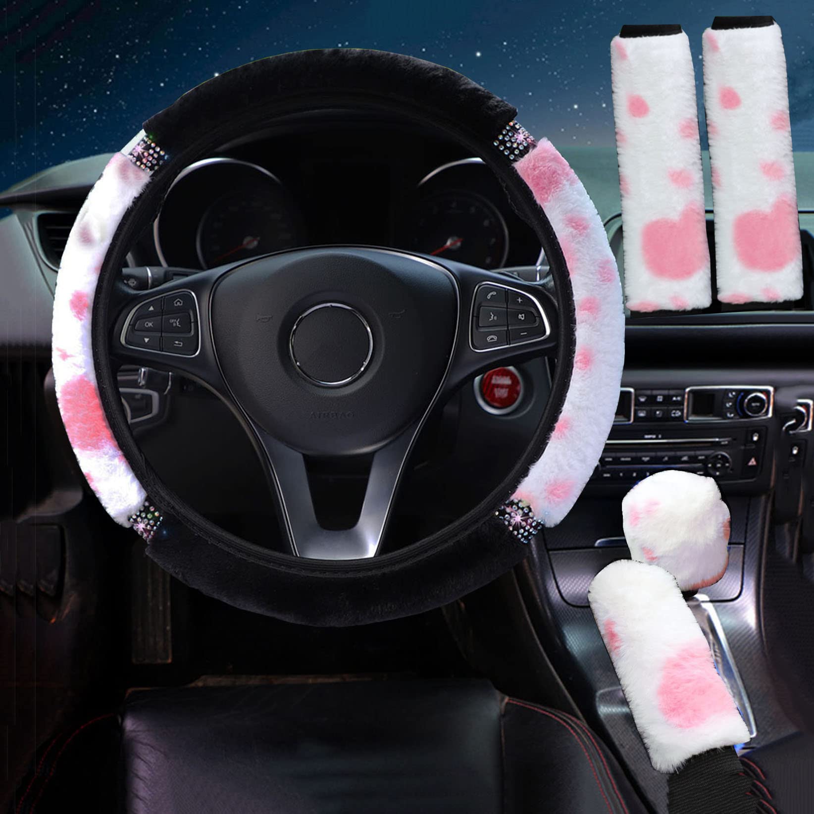 Forala 1 Set 5 Pcs Car Steering Wheel Cover & Handbrake Cover & Gear Shift Cover Set & Seat Belt Shoulder Pads Faux Wool Warm Winter (Wine Red) (Cow-Pink)