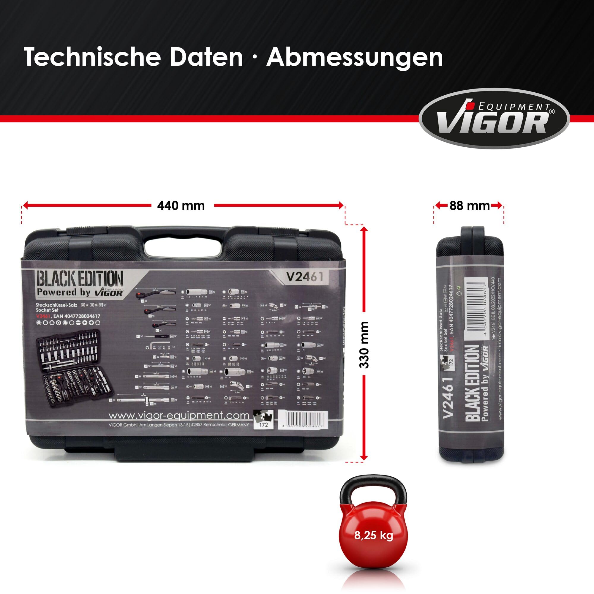 ViGOR Steckschlüsselsatz V2461 I 172-teiliges Werkzeug-Set, Antrieb: Sechs- und Vierkant, Abtrieb-Profile unter anderem: Innen- und Außen Sechskant, Kreuz- Schlitz und Pozidriv