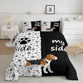 Lovely Dog Paw Comforter Set Queen,Cute Puppy Bones Bedding Set Black and White Animal Theme Down Comforter Ultra Warm Dog Side My Side Quilted Duvet for Kids Boys Girls Couple with 2 Pillow Shams