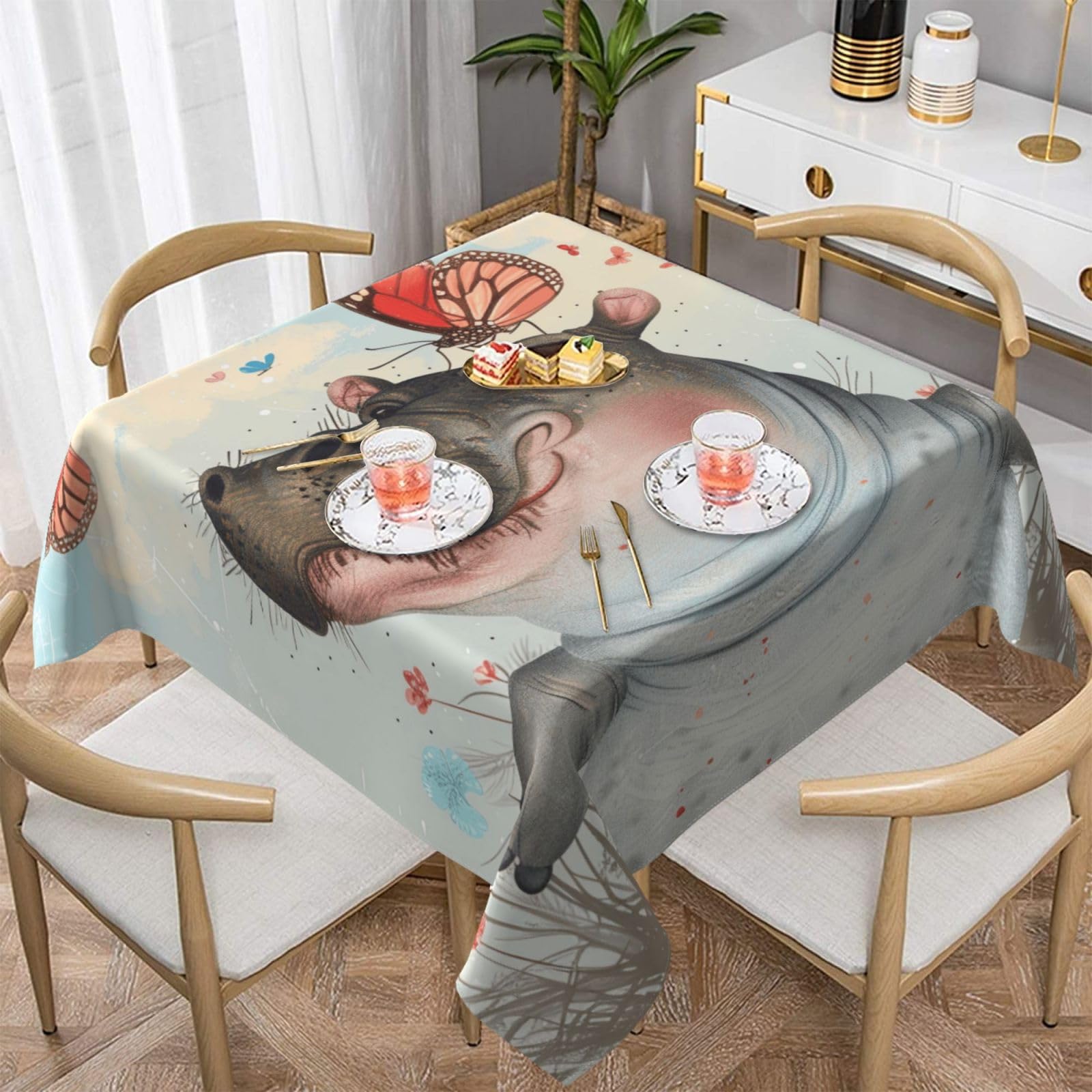 WPKJU Butterfly and Hippo Printed Square Tablecloth 54x54 inch Water Resistant Table Cover Washable Rectangle Table Cloth for Dining Tables