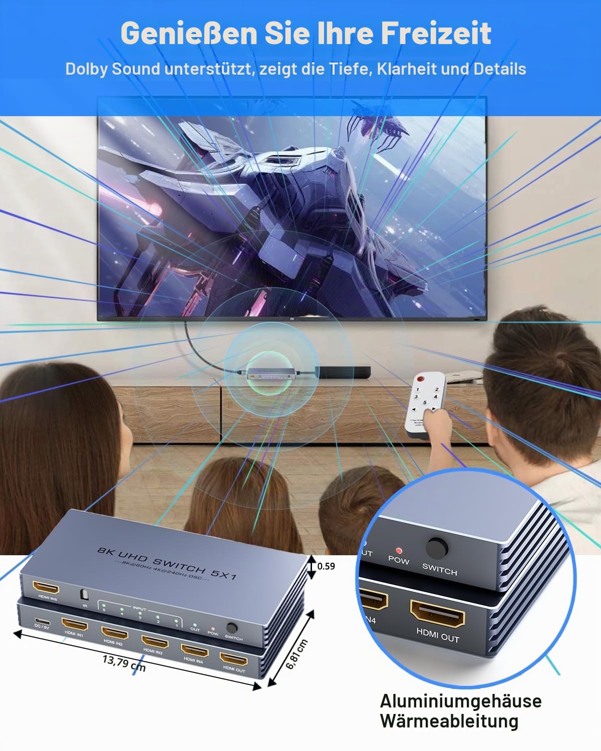 HDMI Switch 4K 240Hz - New Upgrade 5 in 1 Out 8K@60Hz 4K@240Hz 4K@120Hz HDMI Switch mit Fernbedienung Unterstützt 3D/HDR/HDCP2.3, Kompatibel mit PS5/4 Xbox Roku Apple TV Fire Stick