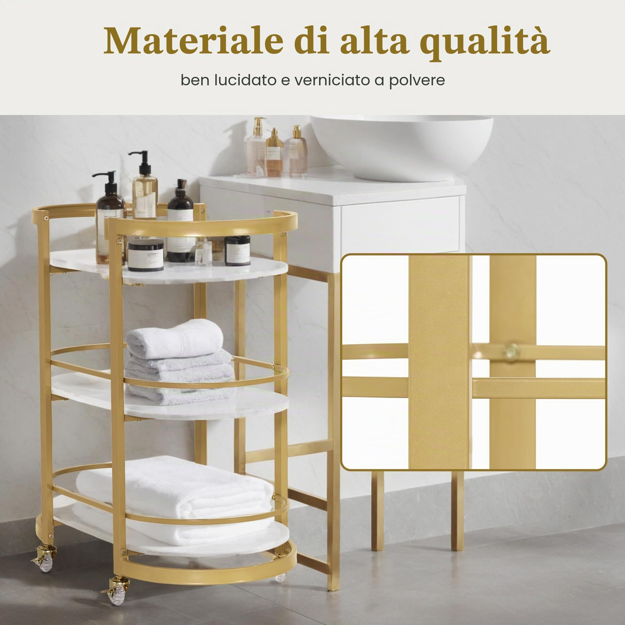M MCombo carrello di servizio con rotelle, carrello da cucina carrello bar struttura in metallo bianco-oro, carrello moderno multiuso a 3 livelli, per cucina bagno soggiorno ufficio, 40x75,5x80, 0034