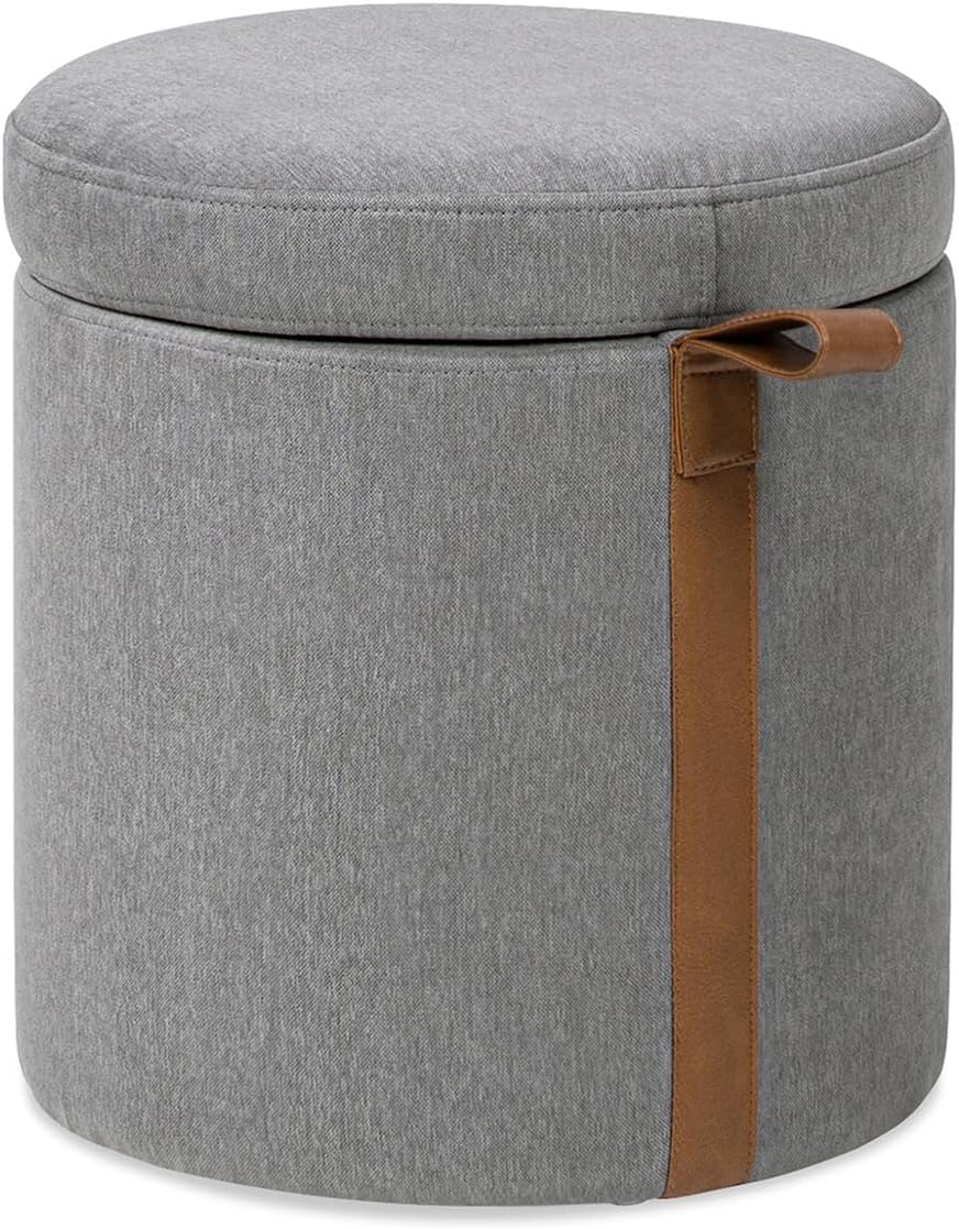 Jennifer Taylor Home Brandy 14" Round Upholstered Storage Ottoman with Leather Accent, Flax White Linen