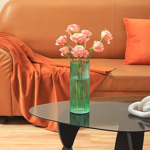 Miniatura 3 de YANWE1 Jarrón de cristal verde, florero de cristal, florero de vidrio acanalado, jarrón verde, jarrones de vidrio cilíndricos altos para centros de