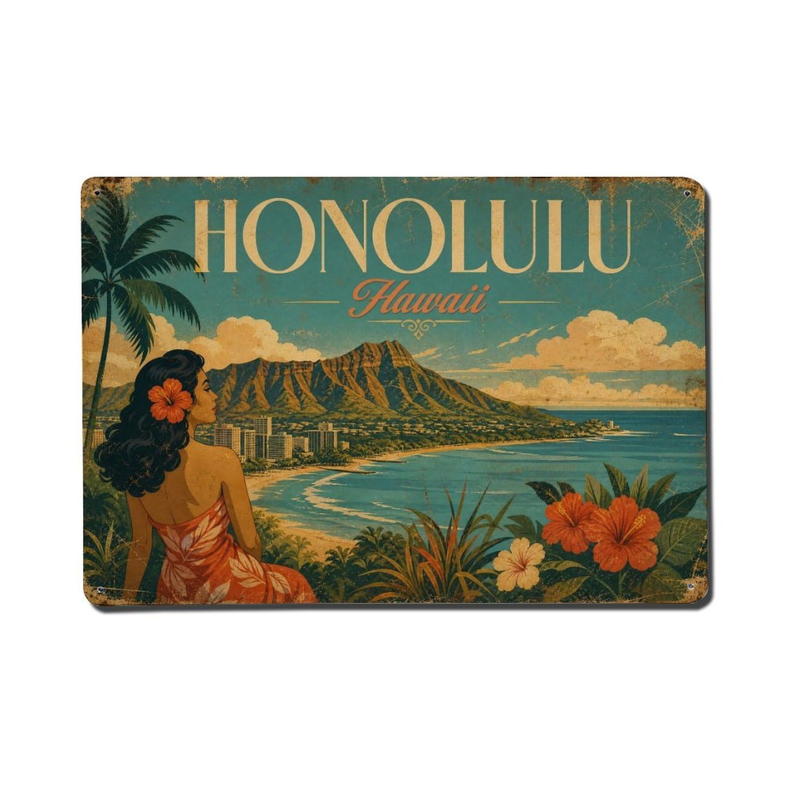 Honolulu Hawaii Beach Island Landmark Coastal Travel Metal Tin Sign
