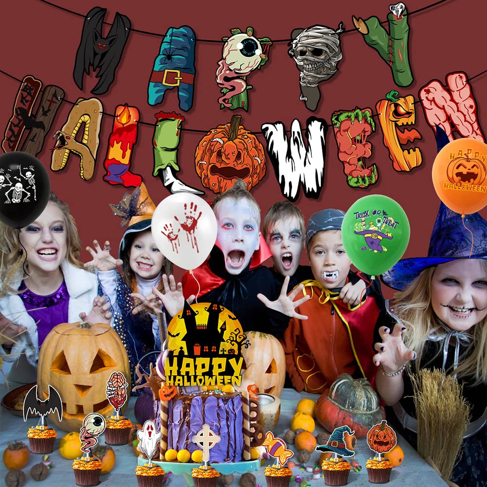 Halloween Party Decorations Kit, MOTTDAM Halloween Party Supplies, Scary Halloween Banner, Halloween Balloon and Cake Topper Set for Halloween Party Home Birthday Decor