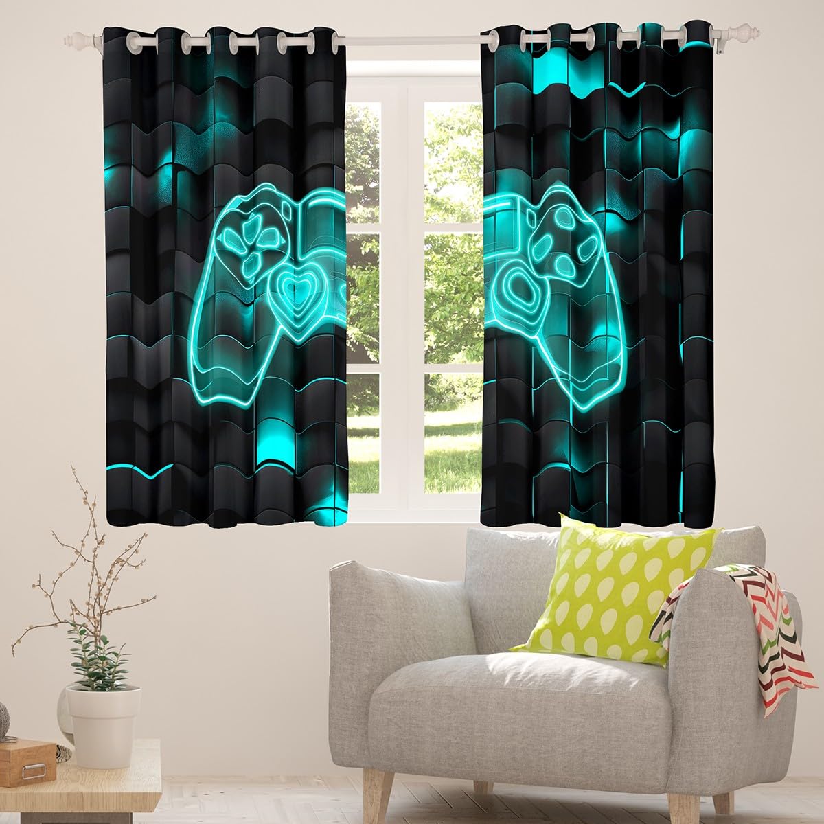 Homewish Gaming Blackout Curtains For Boys Bedroom 46x54 Geometric Gamer Curtains & Drapes For Girls Kids Teal Black Neon Gamepad Window Curtains Video Game Window Treatments 2 Panels - Image 2