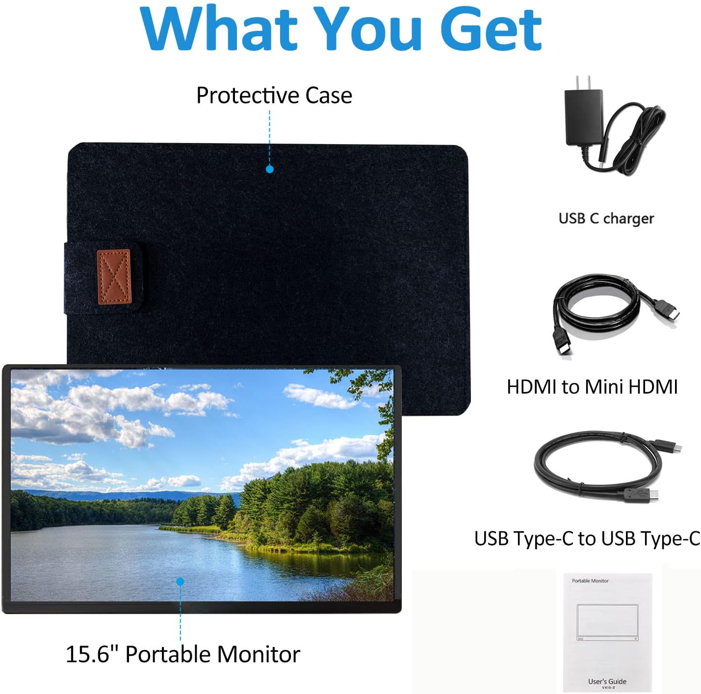 Image showing the UCMDA 15.6 inch portable monitor, protective case, USB-C charger, HDMI to Mini HDMI cable, USB Type-C to USB Type-C cable, and user manual.