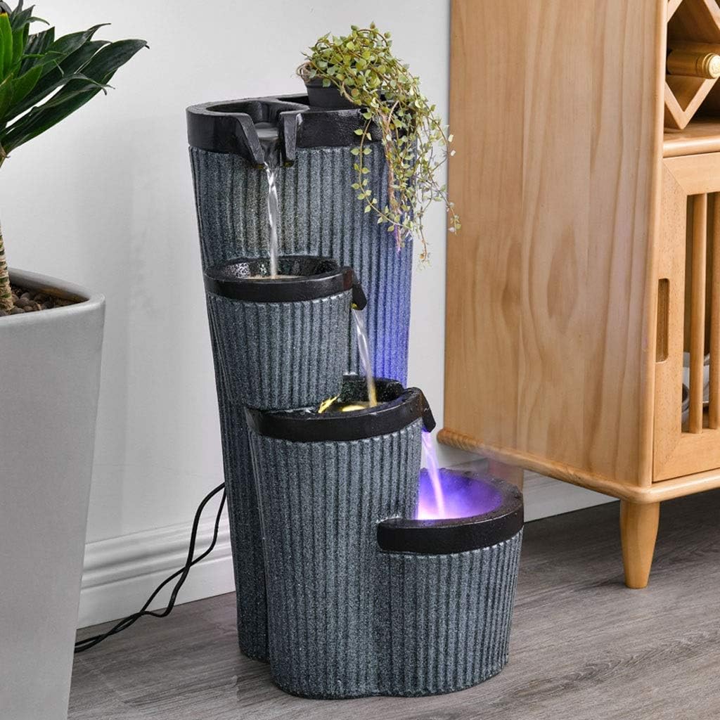 Tabletop Fountains Indoor/Outdoor Tower Fountain W/Light Four Floors Table Fountain Modern Zen Fountain 22.8" Height, Dark Gray Indoor Water Fountain (Color : Without Atomizer) (With Atomizer)