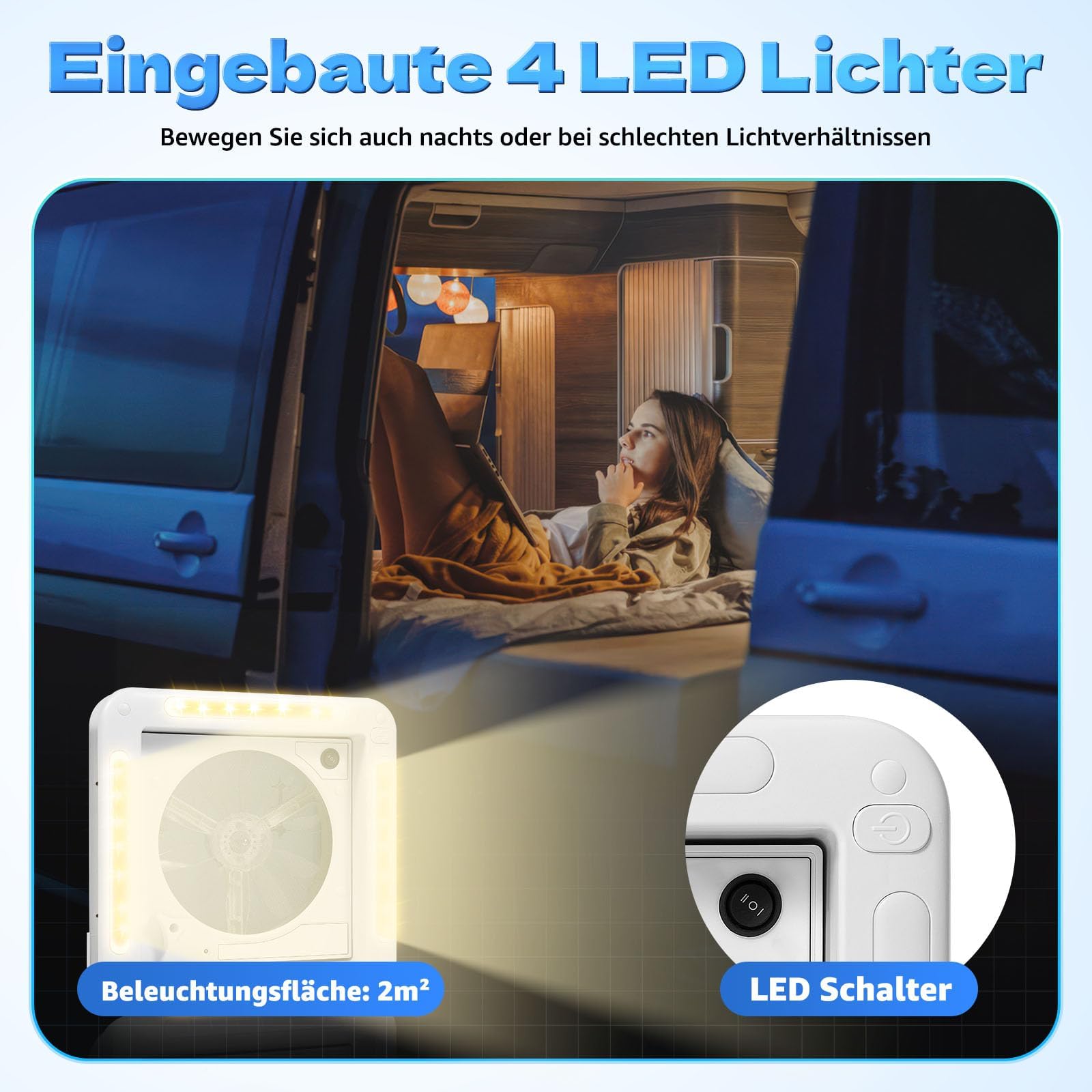 Wohnwagen Wohnmobil Dachfenster Schalldichte Dachluke Leiser Lüfter mit LED Belüftung Dachfenster Ventilator Dachlüfter Umkehrlüfter Geräuscharmer Wohnmobilausstattung mit Insektenschutzgitter