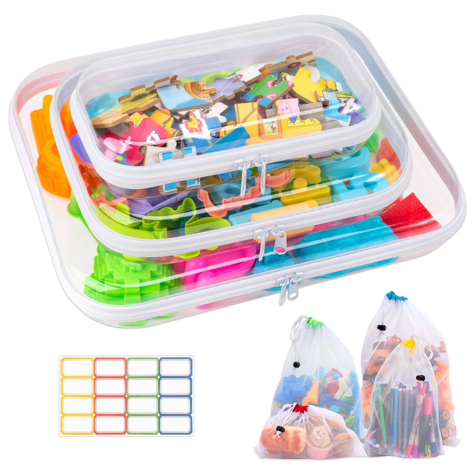 Pechor Toy Storage Organizer, 3pcs Clear Hard Shell Zipper Case Reusable for Toys, Puzzles Pieces, Building Blocks, Crafts (with 16pcs Labels and 4 Size Storage Bags)