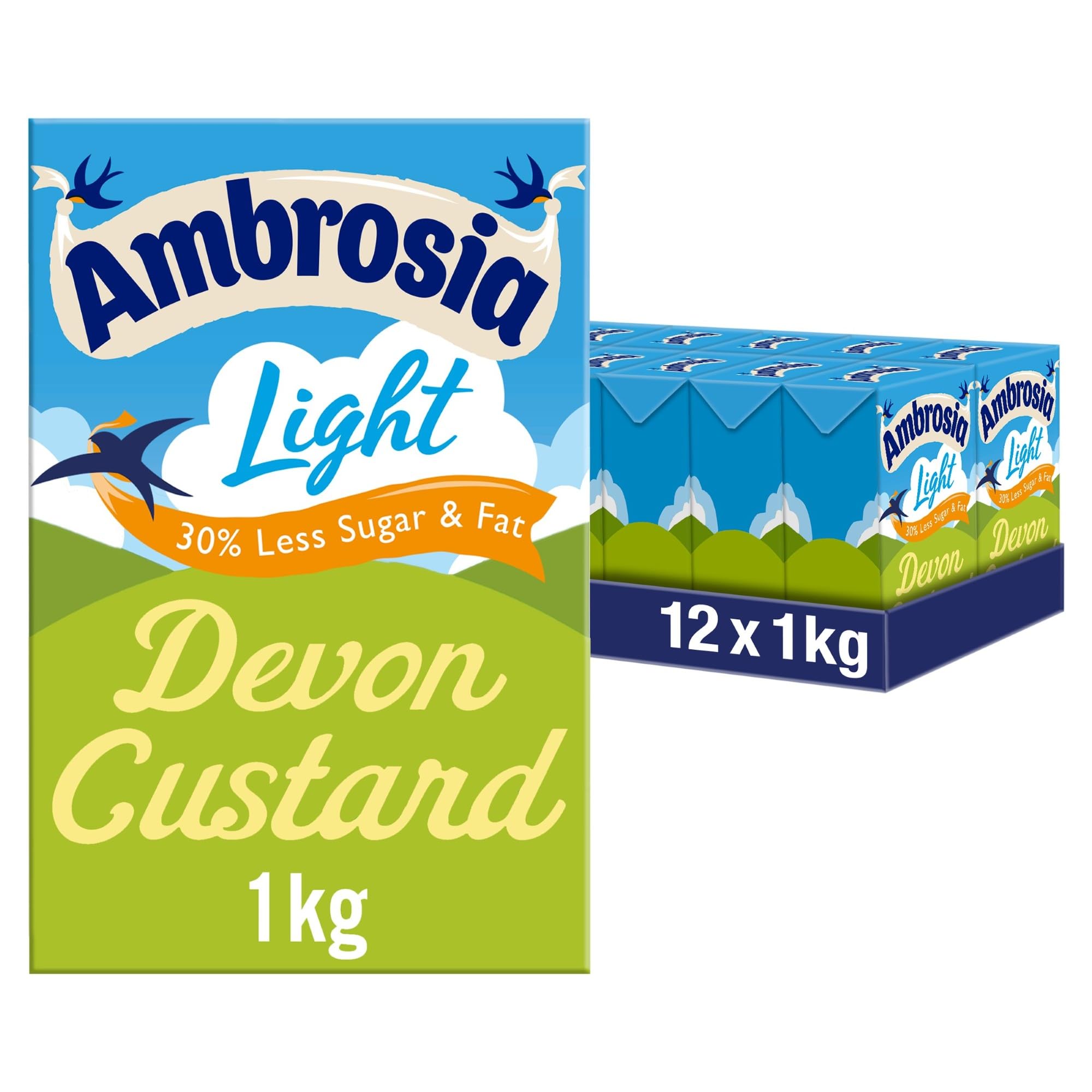 Ambrosia Light Devon Custard, 30% Less Sugar & Fat, Made With West Country Milk, 1 kg (Pack of 12 Cartons)
