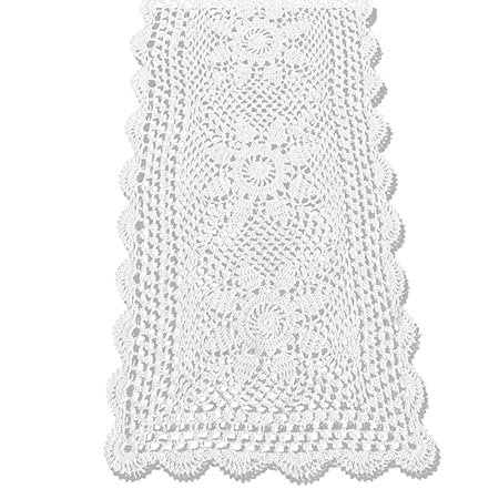 KEPSWET Sunflower Cotton Handmade Crochet Lace Rectangle Table Runner Coffee Table Decor (14x72 inch, White)