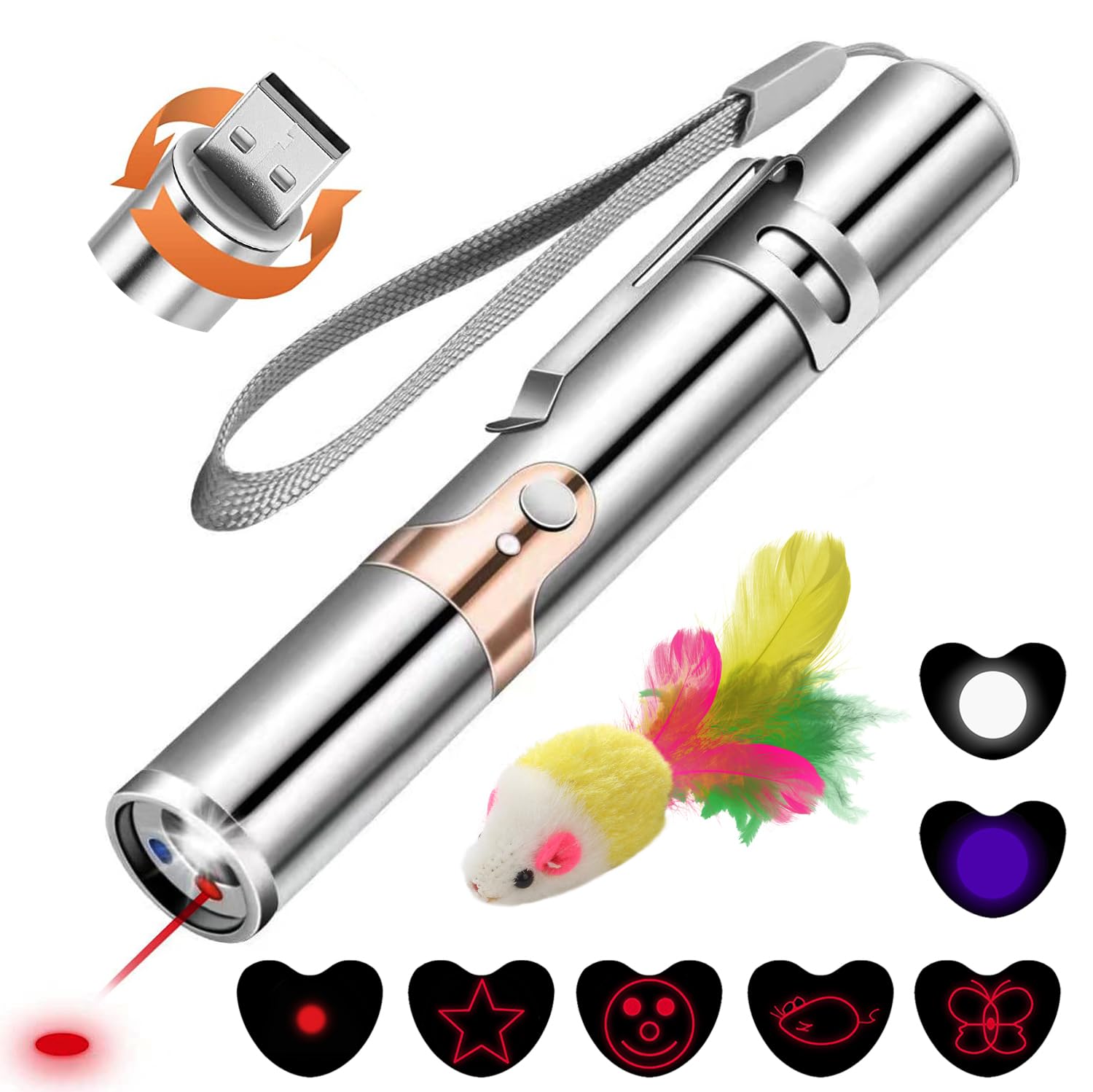 Cat Toys for Indoor Cats Kittens,7 in 1 Function,Rechargeable Interactive Cat Toy Wand with a Free Toy Mouse