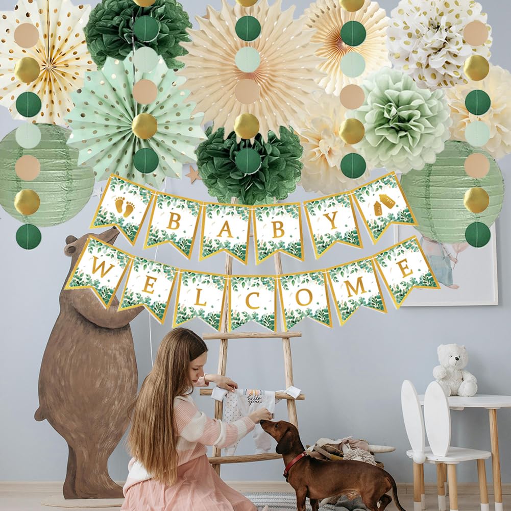 Decorazioni Baby Shower Verde Salvia E Oro – Kit Con Lanterne, Pompon E Striscione Oh Baby