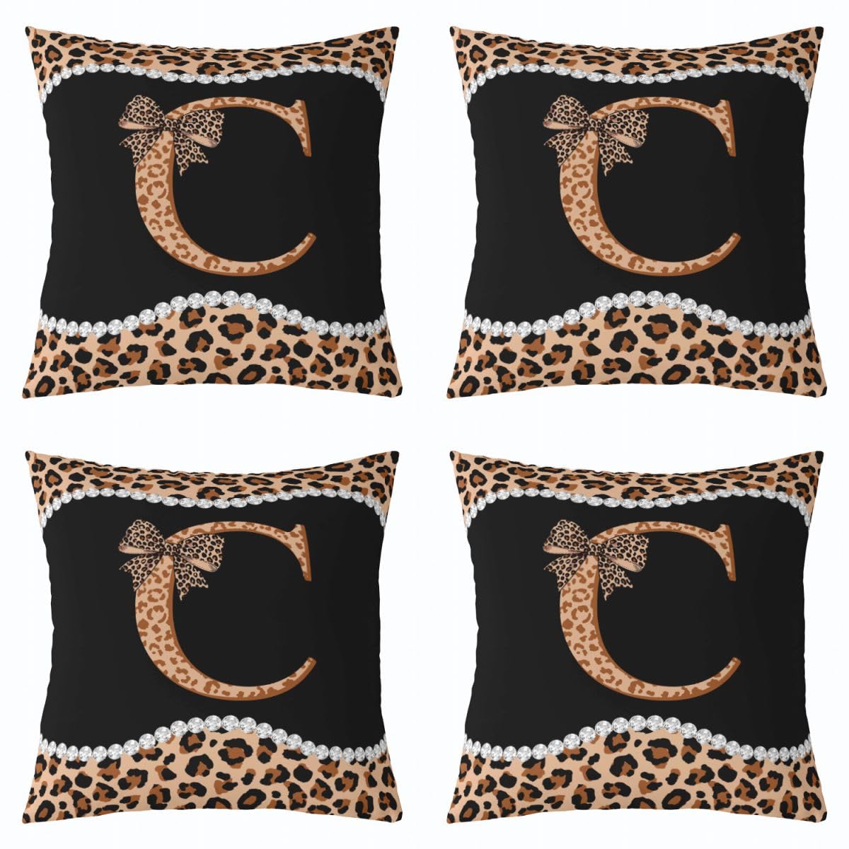 Loussiesd Juego de 4 fundas de cojín con lazo de guepardo marrón de 50 x 50 cm, funda de cojín con lazo de coqueta con inicial letra C, decoración de leopardo, para interiores y exteriores, súper