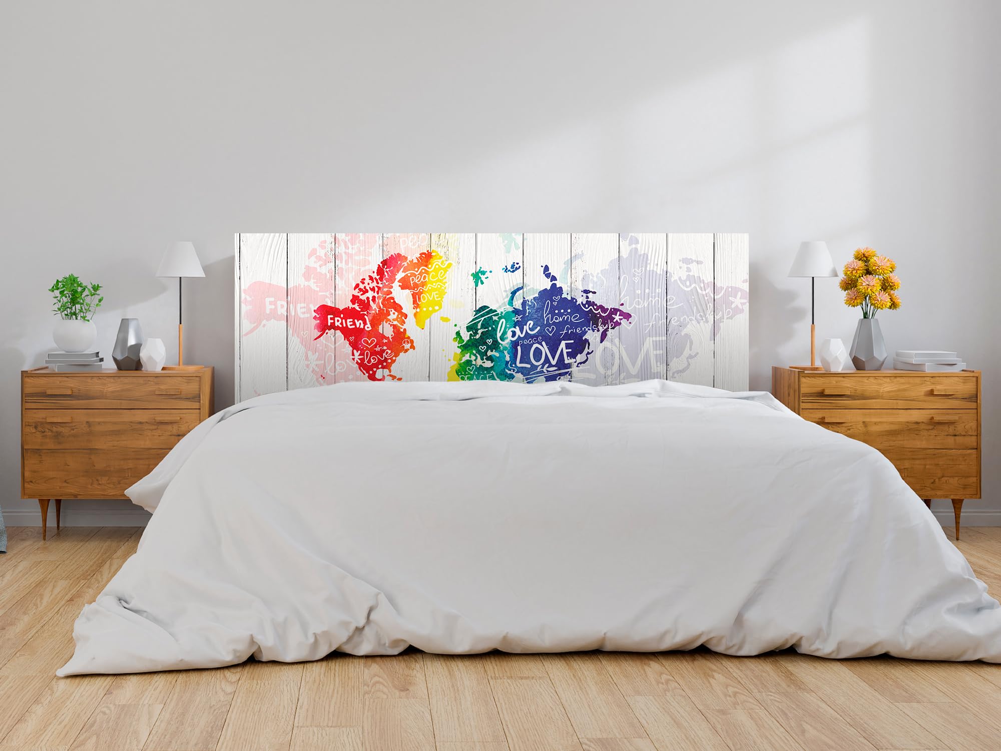 Oedim Cabecero Cama PVC Madera Blanca Mapa Mundi Acuarela, 135x60cm,Cabecero Ligero, Elegante, Resistente y Económico