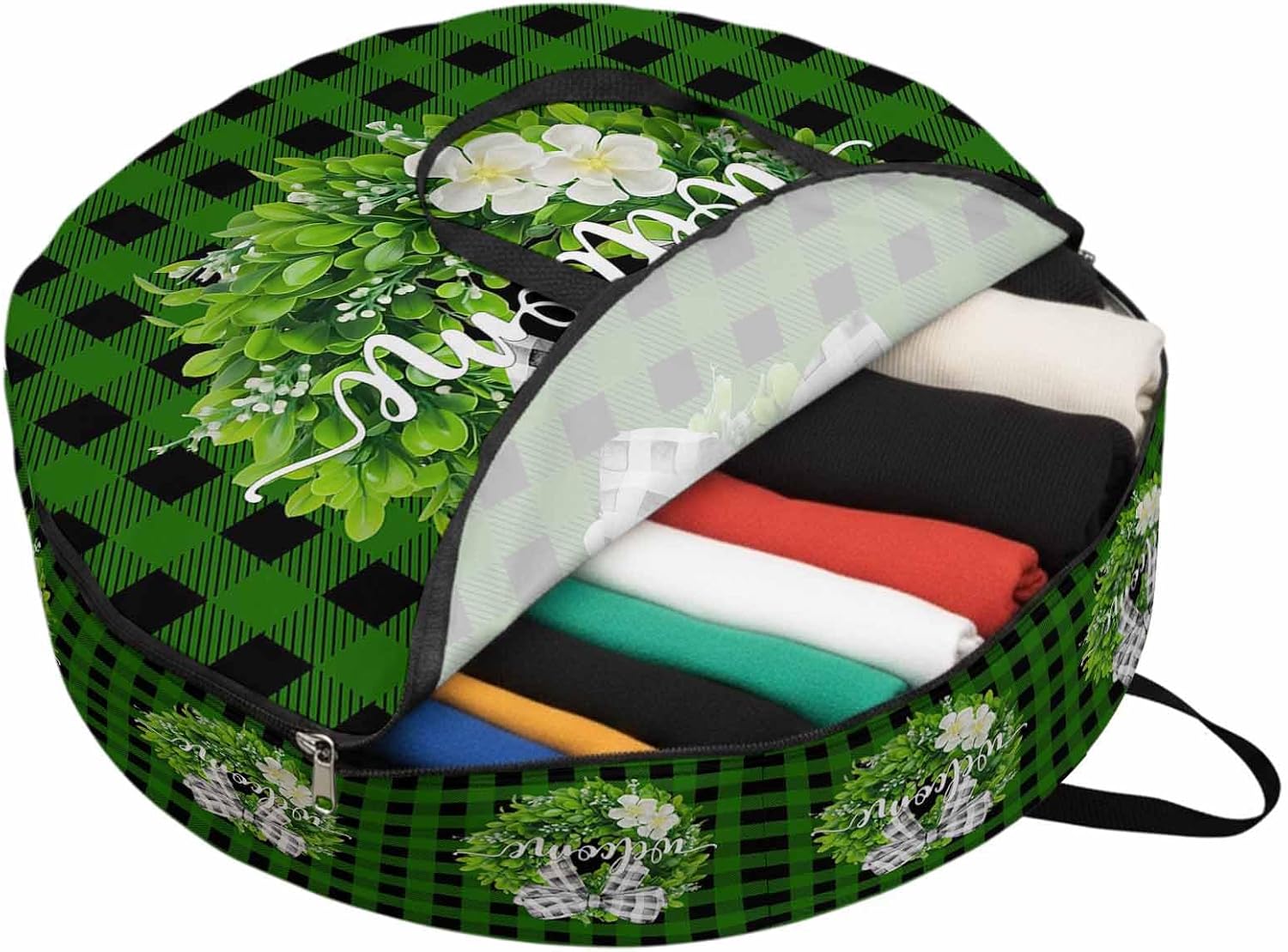 Storage Bag Welcome Bow Tie Wreath Round Storage Totes Bins Closet Organizers with Zippers & Handle Flower Farmhouse Green Plaid Clothes Storage Container for Bedroom Space Saving Packing Supplies