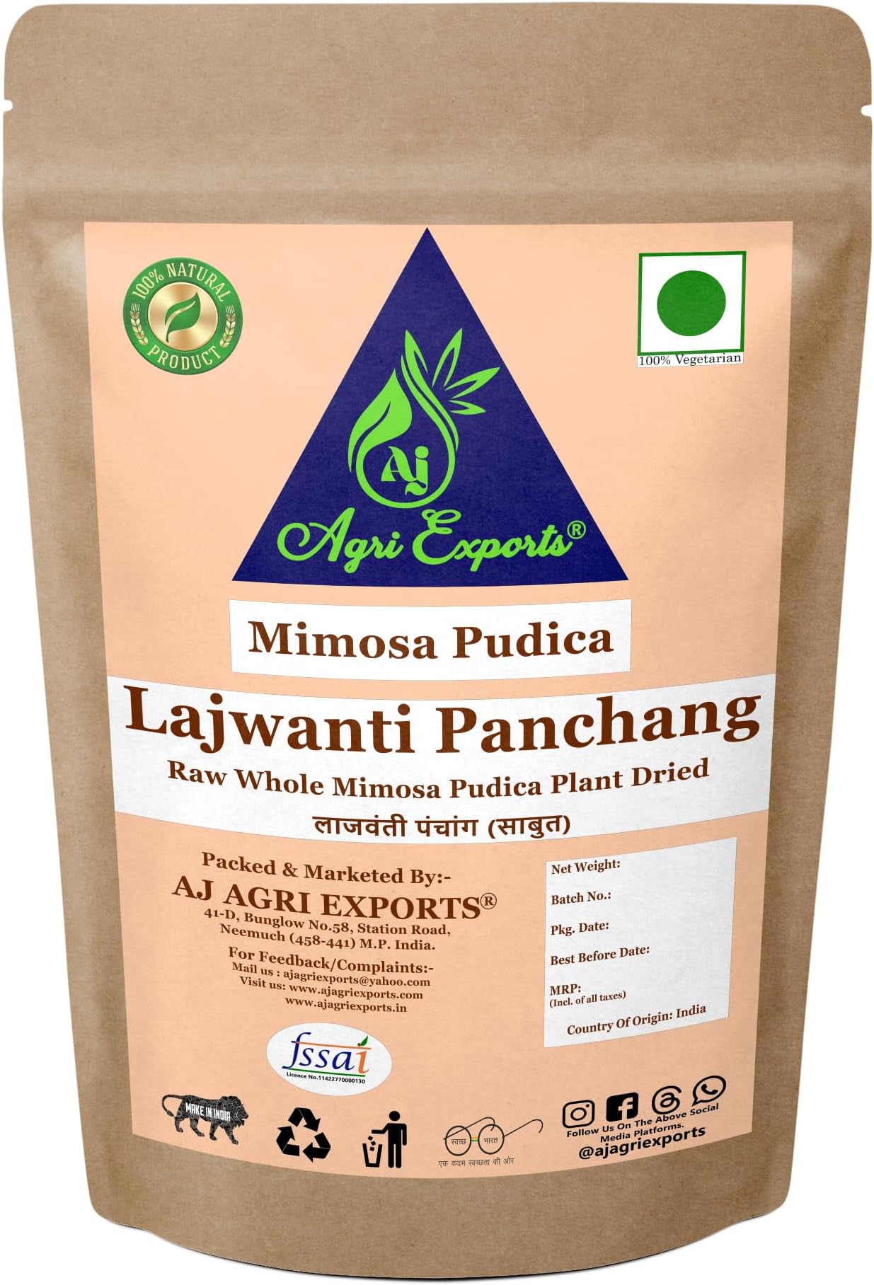 AJ AGRI EXPORTS Lajwanti Panchang - Raw Lajvanti Panchang - Mimosa Pudica Plant In Dry Form - Chui Mui Panchang - लाजवंती पंचांग 100 Grams