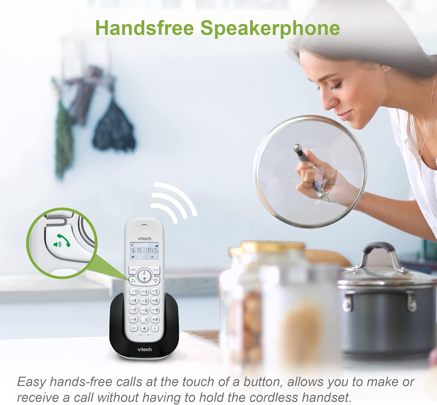 VTech CS1500 handset with handsfree speakerphone activated