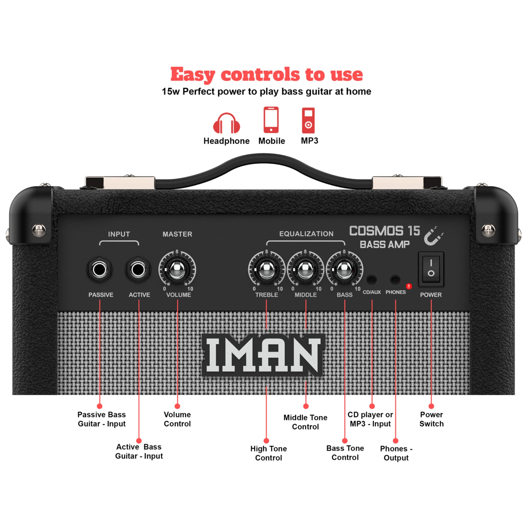 IMAN Cosmos 15 - Amplificador de Bajo Eléctrico - Amplificador Combinado de 15W para Bajo Activo y Pasivo - Dispone de Conector para Auriculares y Conexión Auxiliar - Control de Ecualización Sencillo