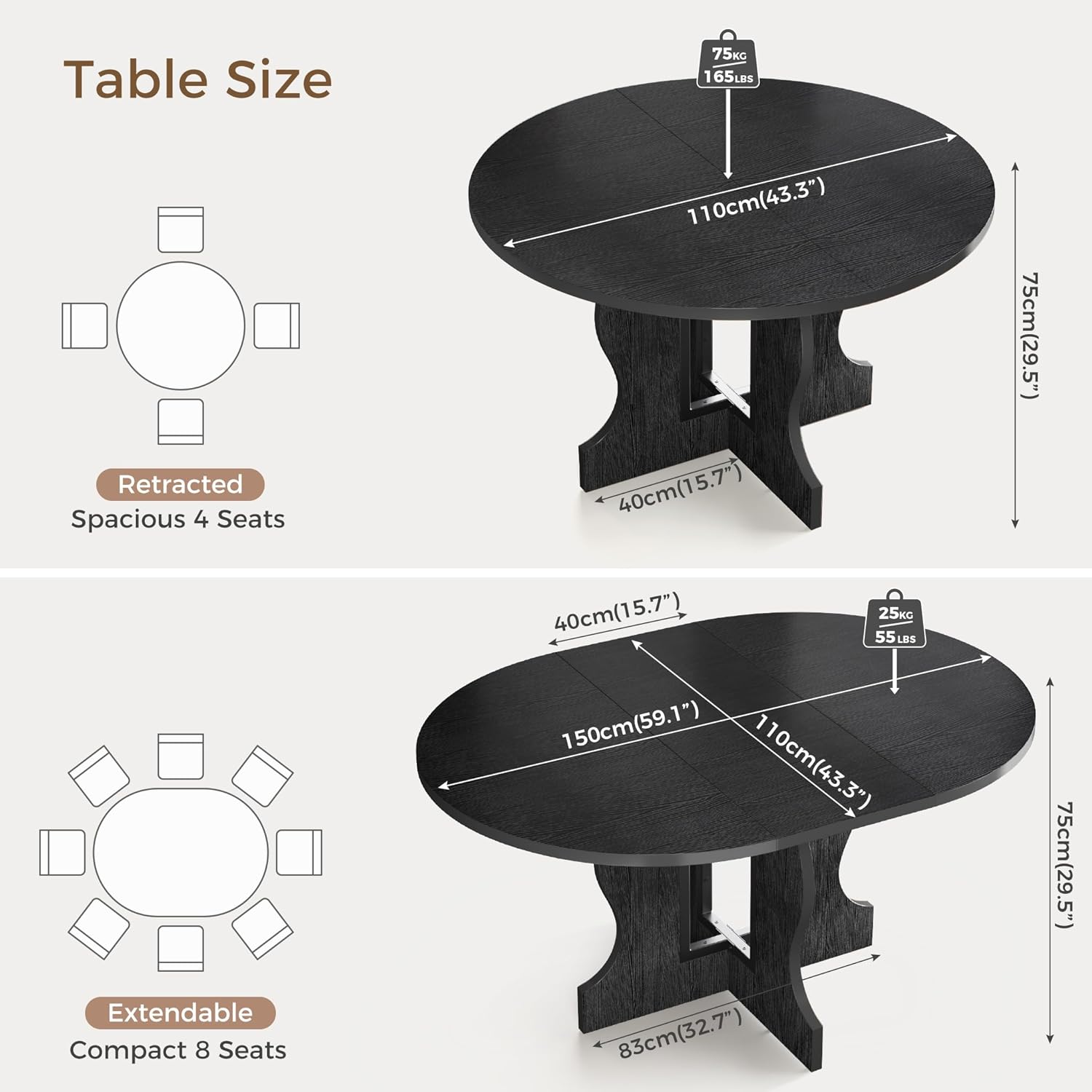 Extendable Round Dining Table for 4-8, 43.3"-59" Kitchen Oval Dining Table with Heavy Duty Wood Base and Hidden Extension Storage Space Saving, for Kitchen Living Room (Black)
