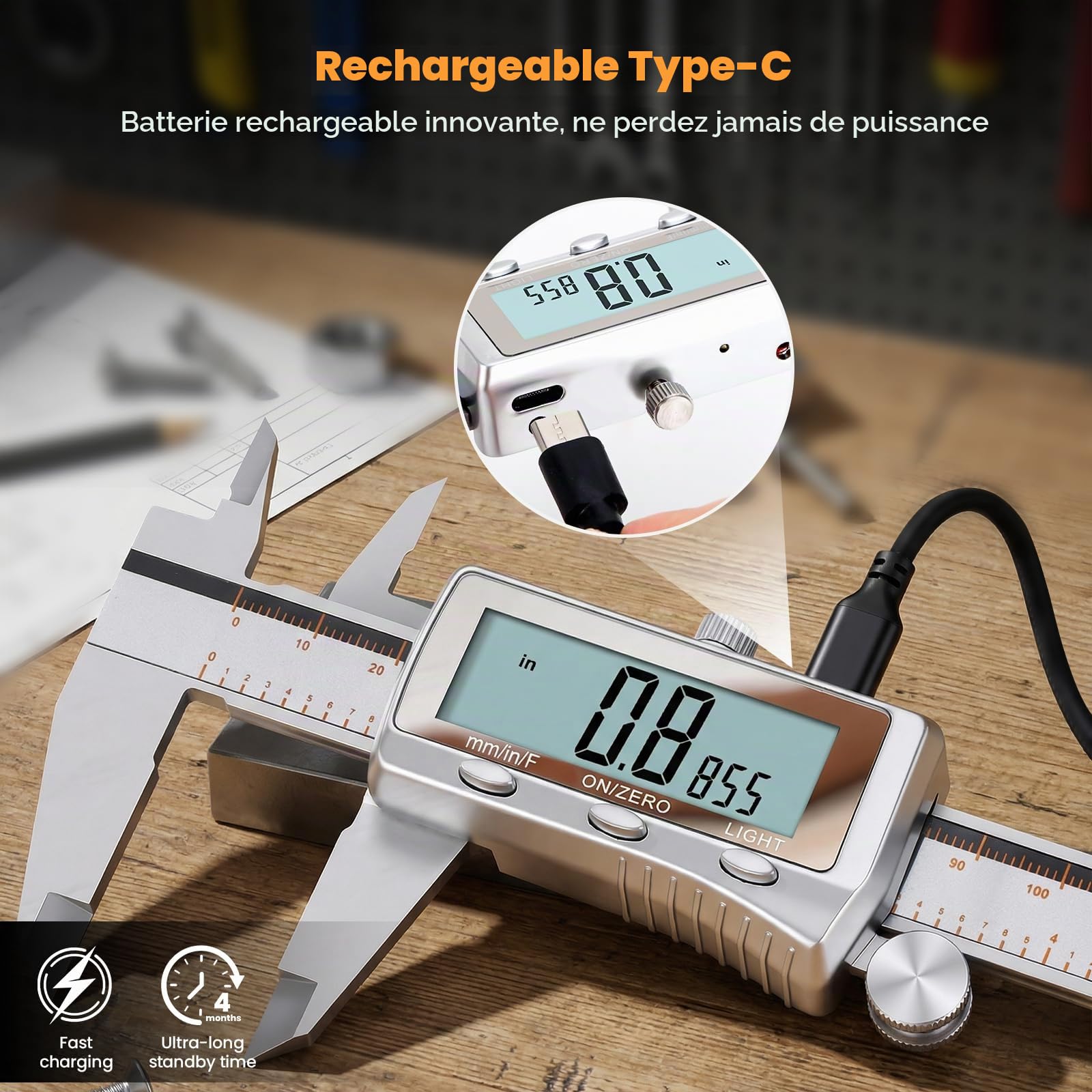 HARDELL Pied à coulisse numérique, outil de mesure rechargeable avec écran LCD rétroéclairé, tous les étriers en métal, micromètre numérique à arrêt automatique, pouces/mm/fraction pour la maison