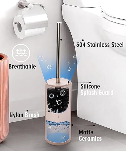 Miniatura 2 de Juego de escobilla y soporte de cerámica blanca mate, cerdas duraderas antiarañazos, mango largo de acero inoxidable, cepillo limpiador de inodoro