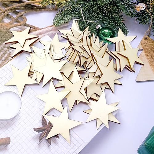 Miniatura 8 de Honbay 50 rebanadas de madera sin terminar de estrella de 1.969in2 pulgadas, adornos de estrella de madera, adornos de Navidad para manualidades,