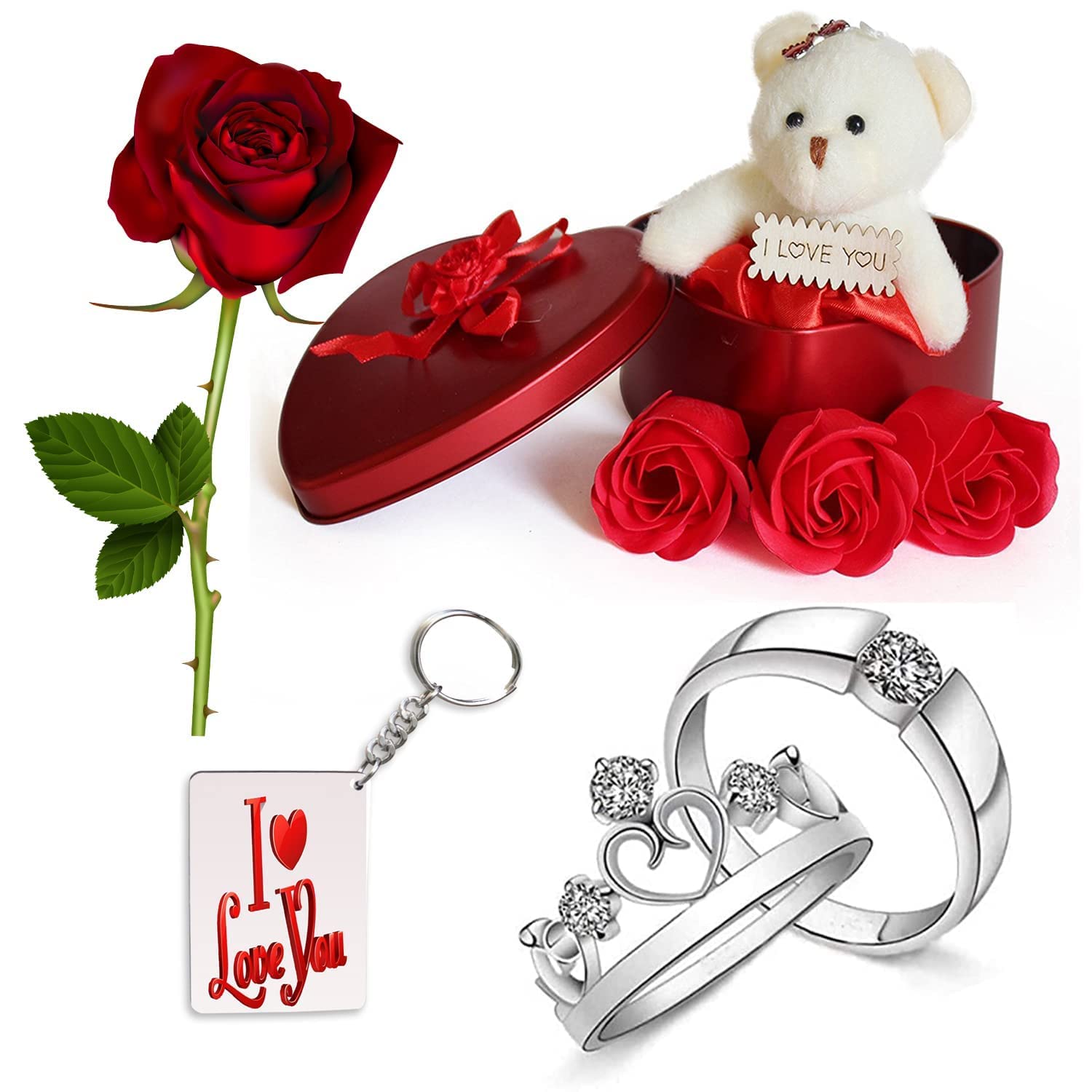 AWANI TRENDS Gift for Your Love Heart Shape MATEL Box with Couple Ring and Keychain OR RED Rose, Aluminium Metal