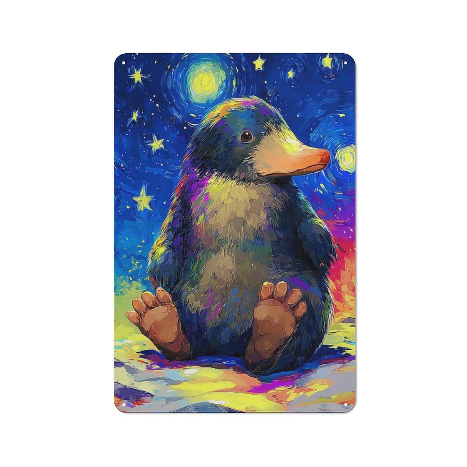 Junmoney Colorful Duckling In Starry Night Metal Wall Sign 30X20cm Featuring For Café Or Restaurant, A Decorative Metal Sign For Cafés And Restaurants