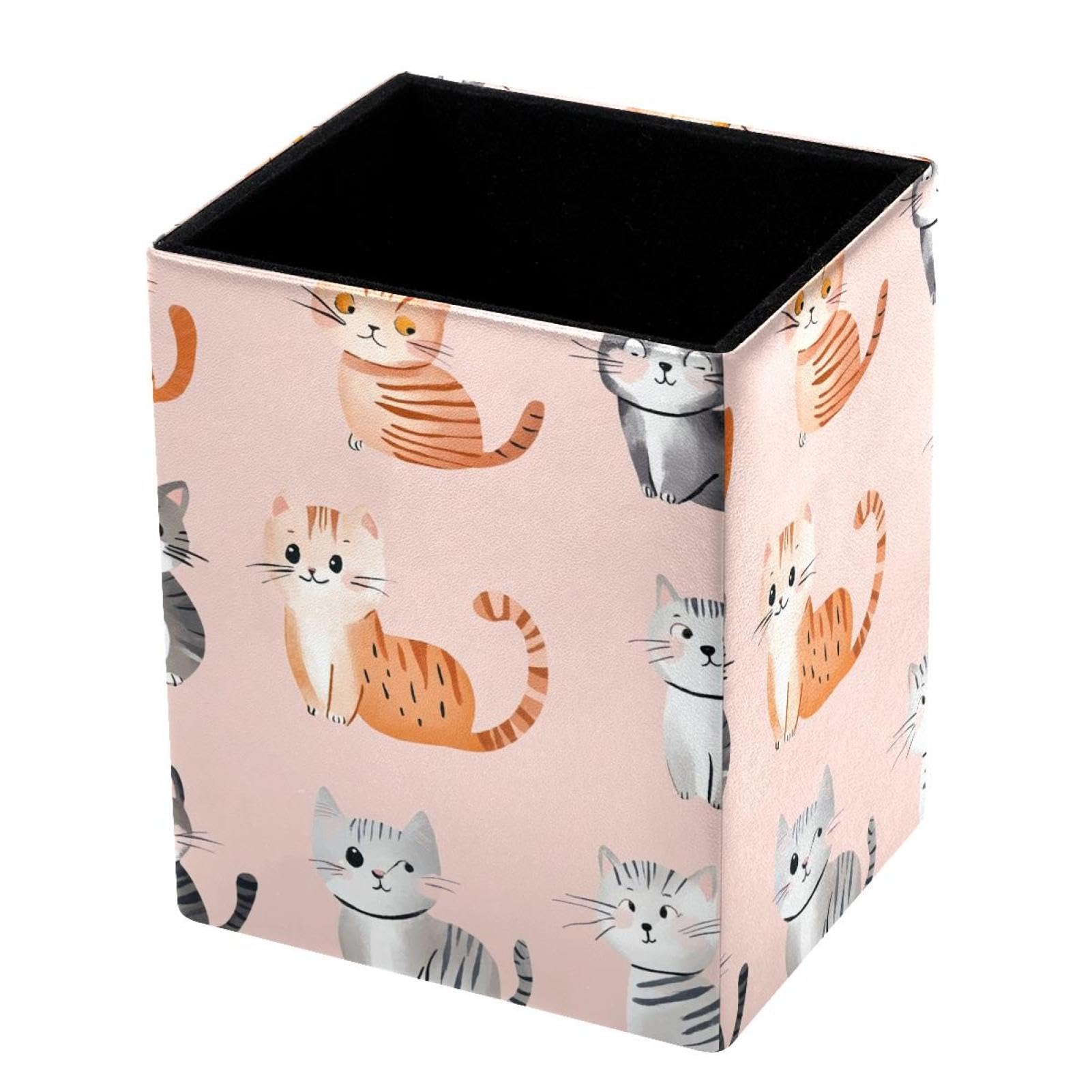 FWJZDSP Pencil Holder for Desk Pen Pouch with Pink Cats Pattern Capacity Pen Cup Leather Makeup Brush Holder for Office Desk Organizer