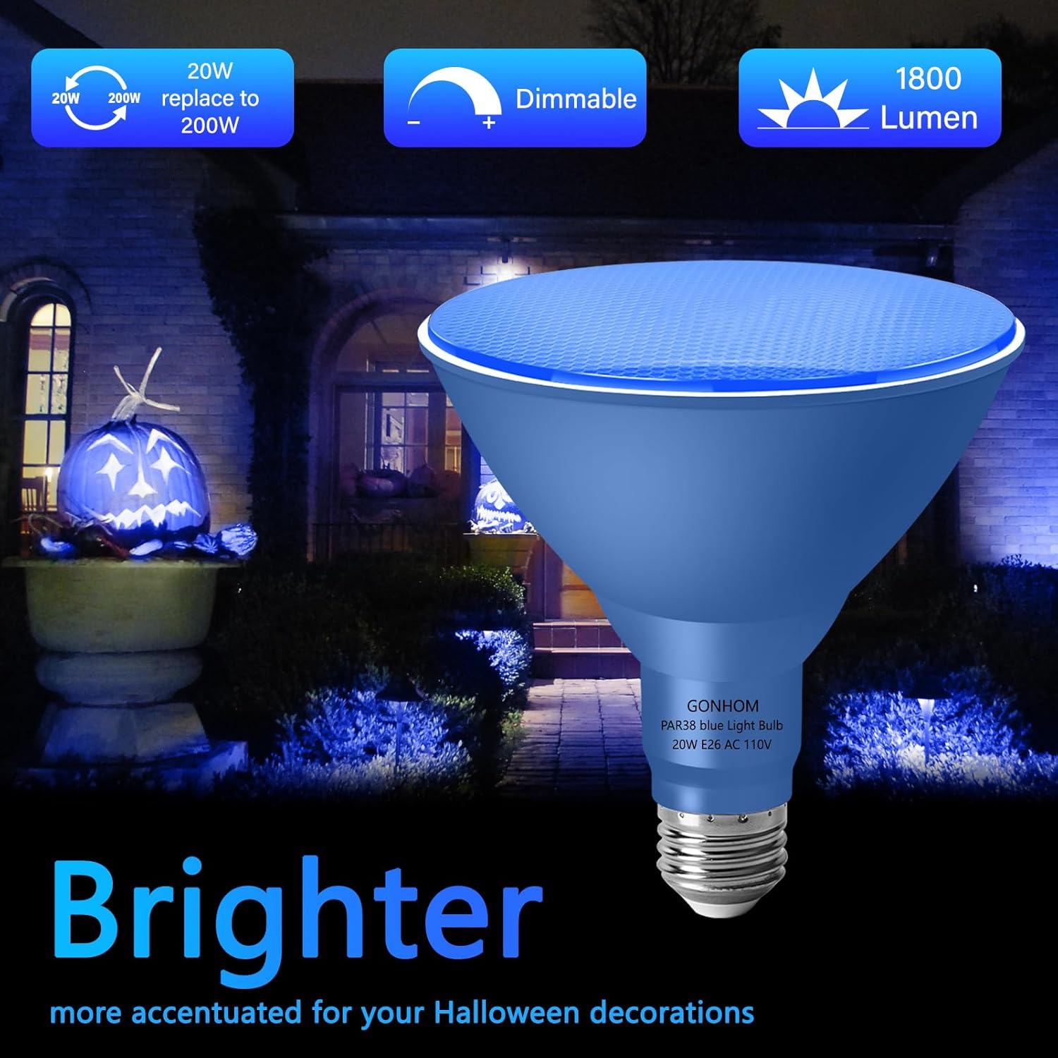 2 Pack PAR38 Blue Led Light Bulbs, Dimmable, 20W, E26 Base, Outdoor Indoor, Christmas Lighting, 1800 LM, Long Lifespan