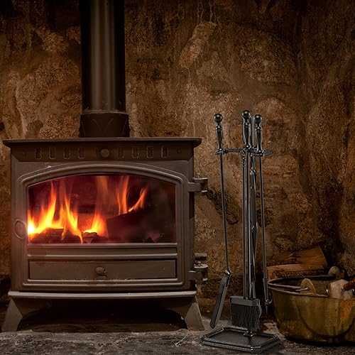 Miniatura 2 de GOFLAME Juego de herramientas para chimenea de 5 piezas, juego de herramientas de madera resistente con pinzas, cepillo, pala, póker, soporte, kit