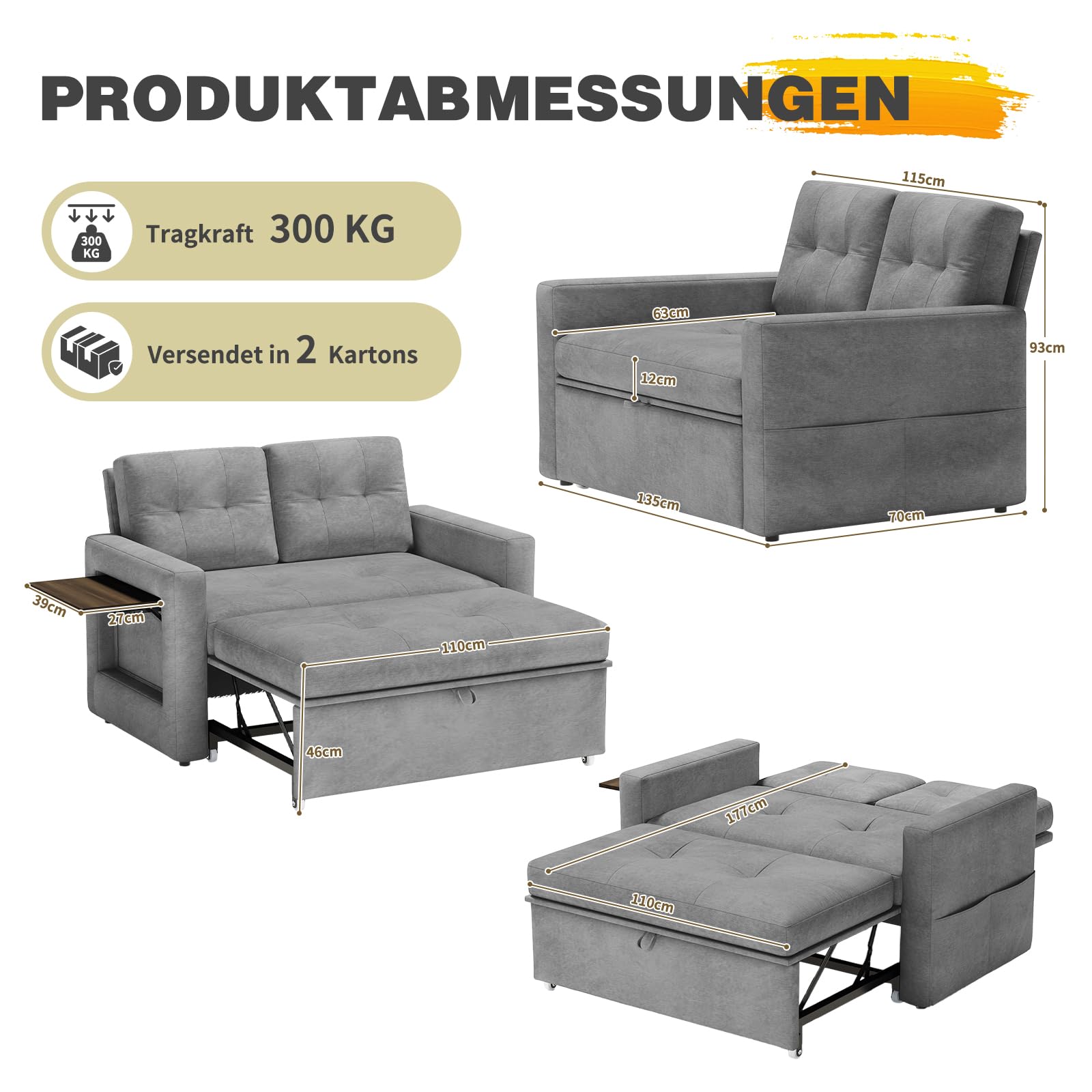 YOUDENOVA Sofa mit Schlaffunktion, Schlafsofa mit 5-stufig Verstellbarer Rückenlehne, Schlafcouch mit Bettfunktion, Couch mit Tisch & Seitentasche, 2 Sitzer Sofa Bed 177x135 cm, Chenille Grau
