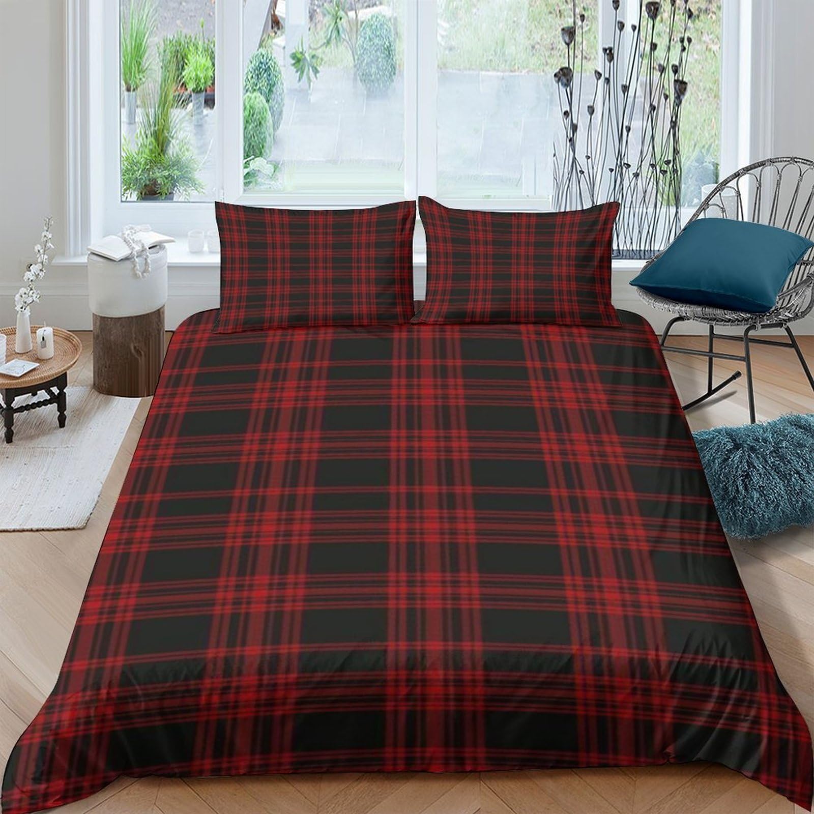 GPLZQXKJNH 3D Printed Red Black Plaid Duvet Cover Microfiber Soft Breathable Tartan Quilt Cover Set with 2 Pillowcases for Bedroom Home Single（135x200cm）