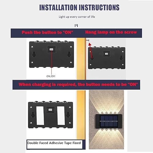 Miniatura 8 de ASLIDECOR 10 luces LED solares de pared hacia arriba, paquete de 4 lámparas iluminadas con sensor de luz solar al aire libre, IP65, impermeable,