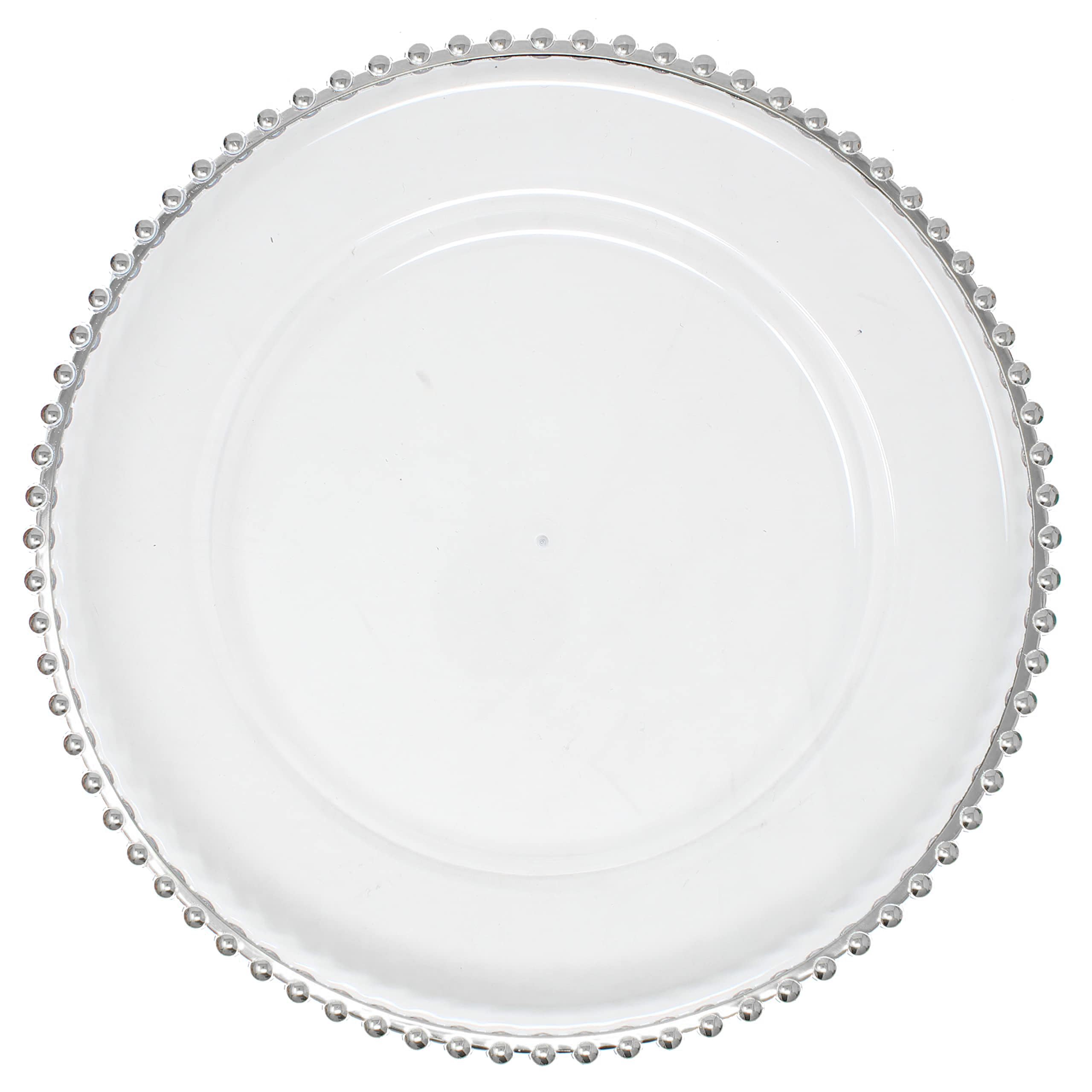 Metallic Foil Charger Plates with Metallic Beaded Rim - Set of 6 - Made of Thick Plastic - Silver