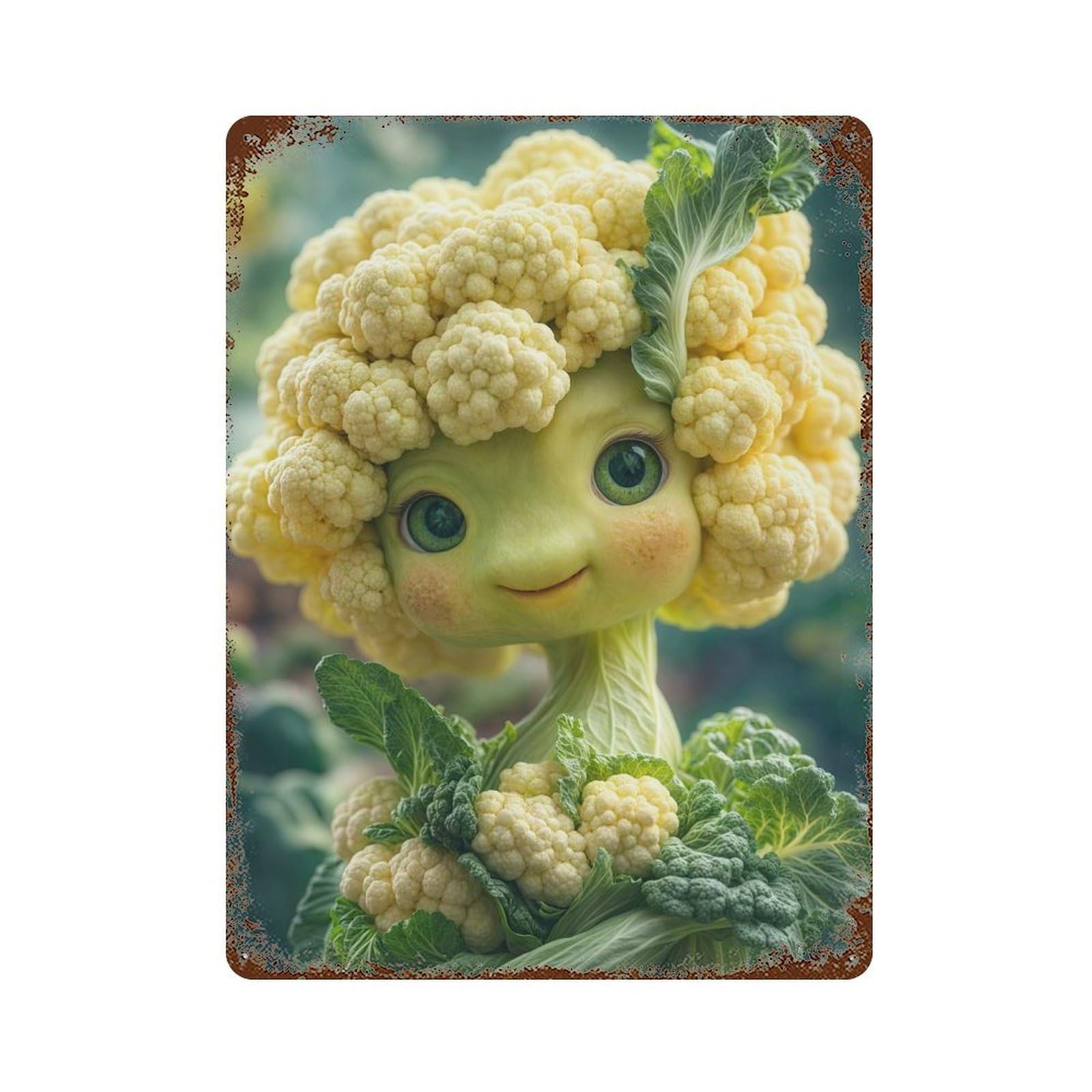 Sweet Cauliflower Creature Rust Effect Tin Sign 15.7"x11.8", Decorative Metal Wall Art for Living Room, Hallway And Home Decor