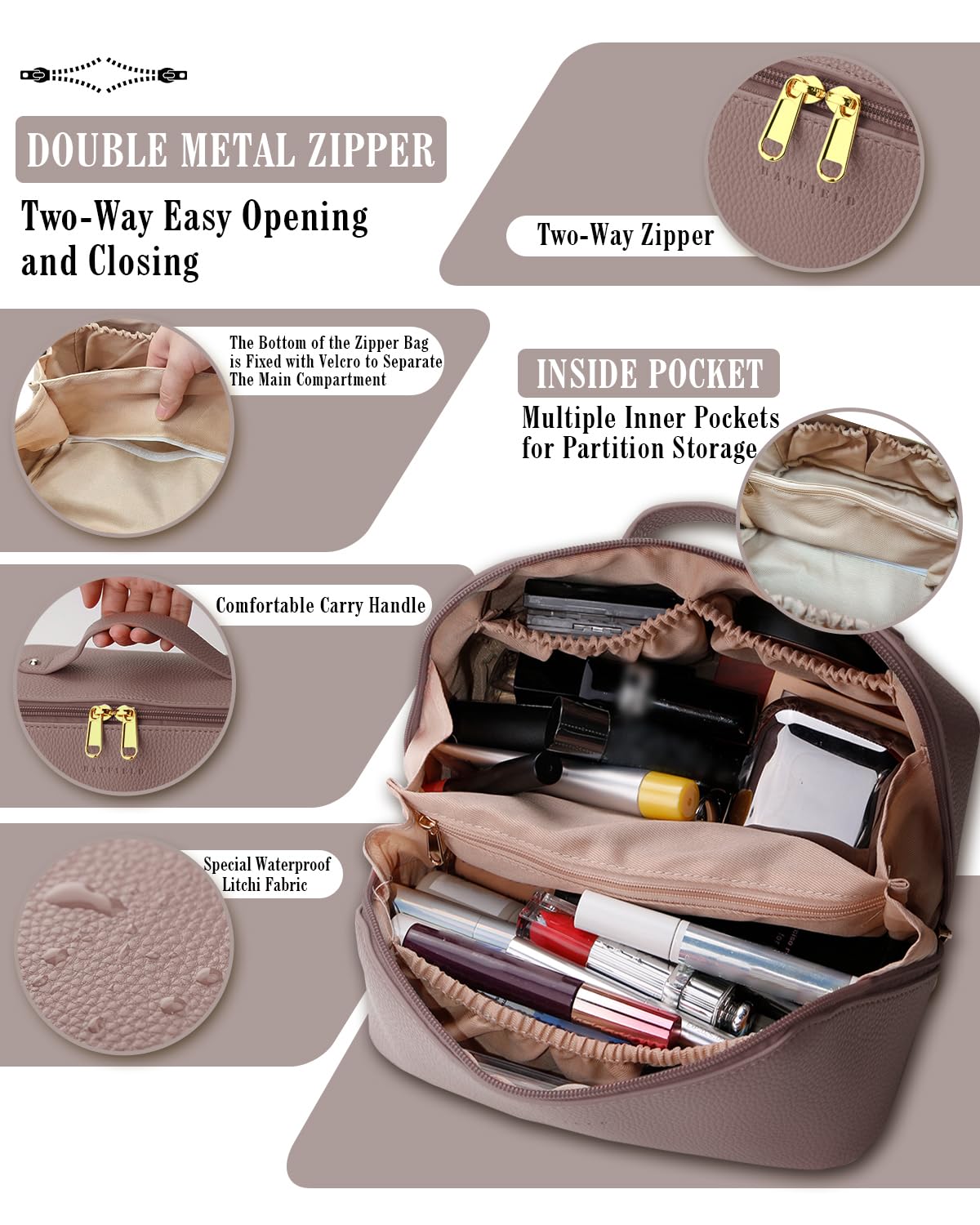 BATFIELD Borsa cosmetica da donna, borsa per trucchi in pelle PU litchi per donne, borsa da viaggio cosmetica di grande capacità, borsa portatile per kit di trucco con manico e divisore, borsa