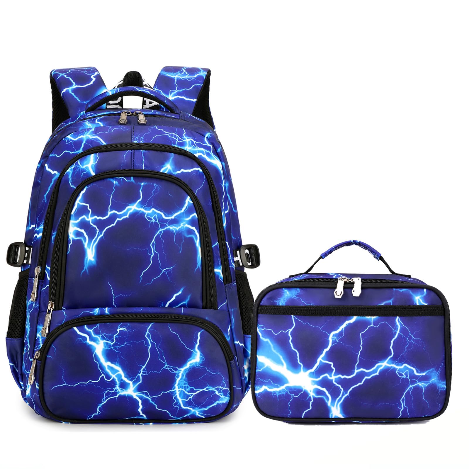 School Backpack Lunch Box Set Water Repellent Casual Daypack Lightweight Bookbags for Kids A-style Lighting Blue