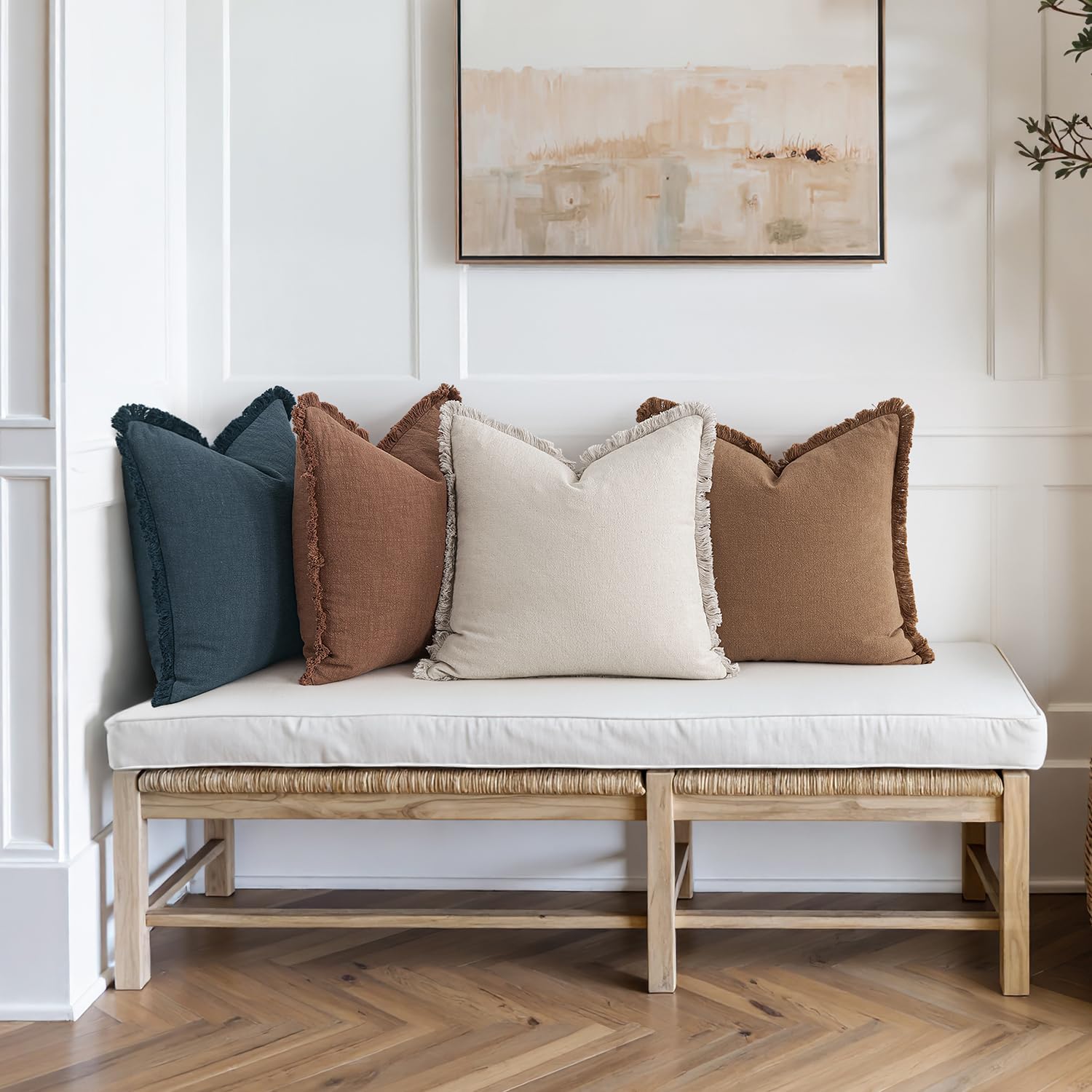 MIULEE Decorative Couch Pillow Covers Neutral Linen Fringe Throw Pillows Set of 4 Modern Rustic Cushions Boho Farmhouse Pillowcases for Bed Sofa Living Room Spring Decor 18x18 Inch Beige/Brown/Blue - Image 2