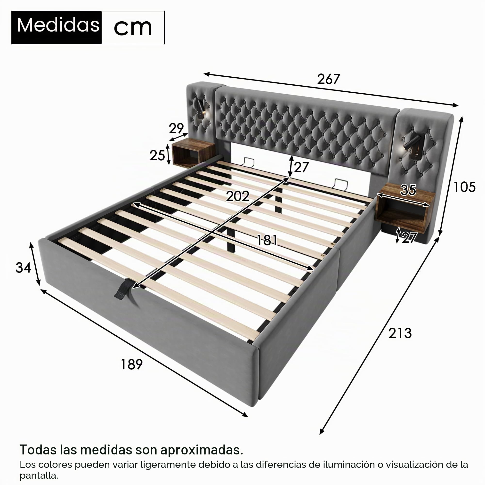 Cama de 180 x 200 cm con cabecero de luz de lectura y USB, cama tapizada de 180 x 200 cm con 2 mesitas de noche para dormitorio, juego completo, cama doble con somier, espacio de almacenamiento, cama