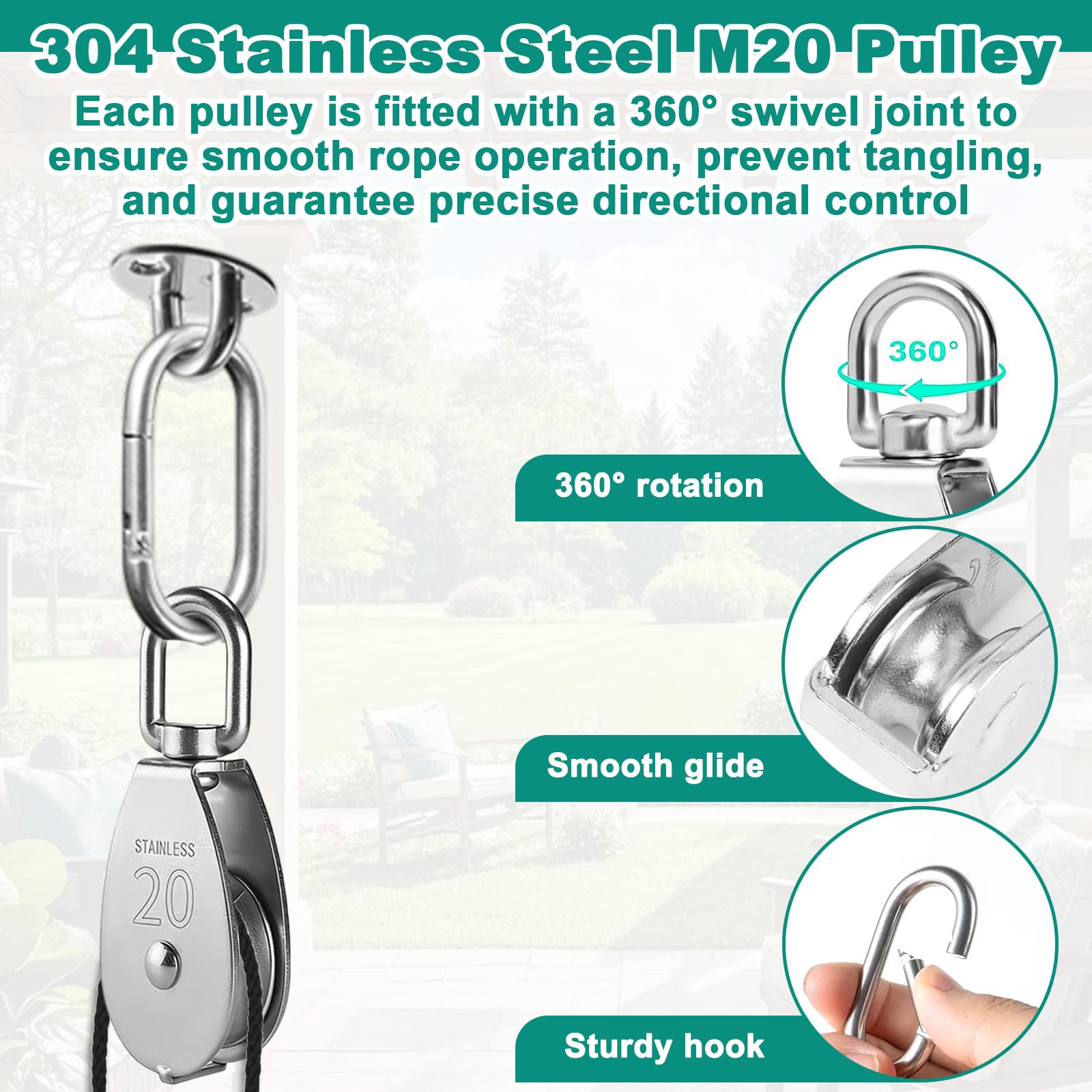 Set di Carrucola per Sollevamento Acciaio Inox M20 con Puleggia a Rotazione 360°, Fune 20 Metri, Gancio e Fissaggi per Barche, Tende Sole, Porte Garage, Stendibiancheria