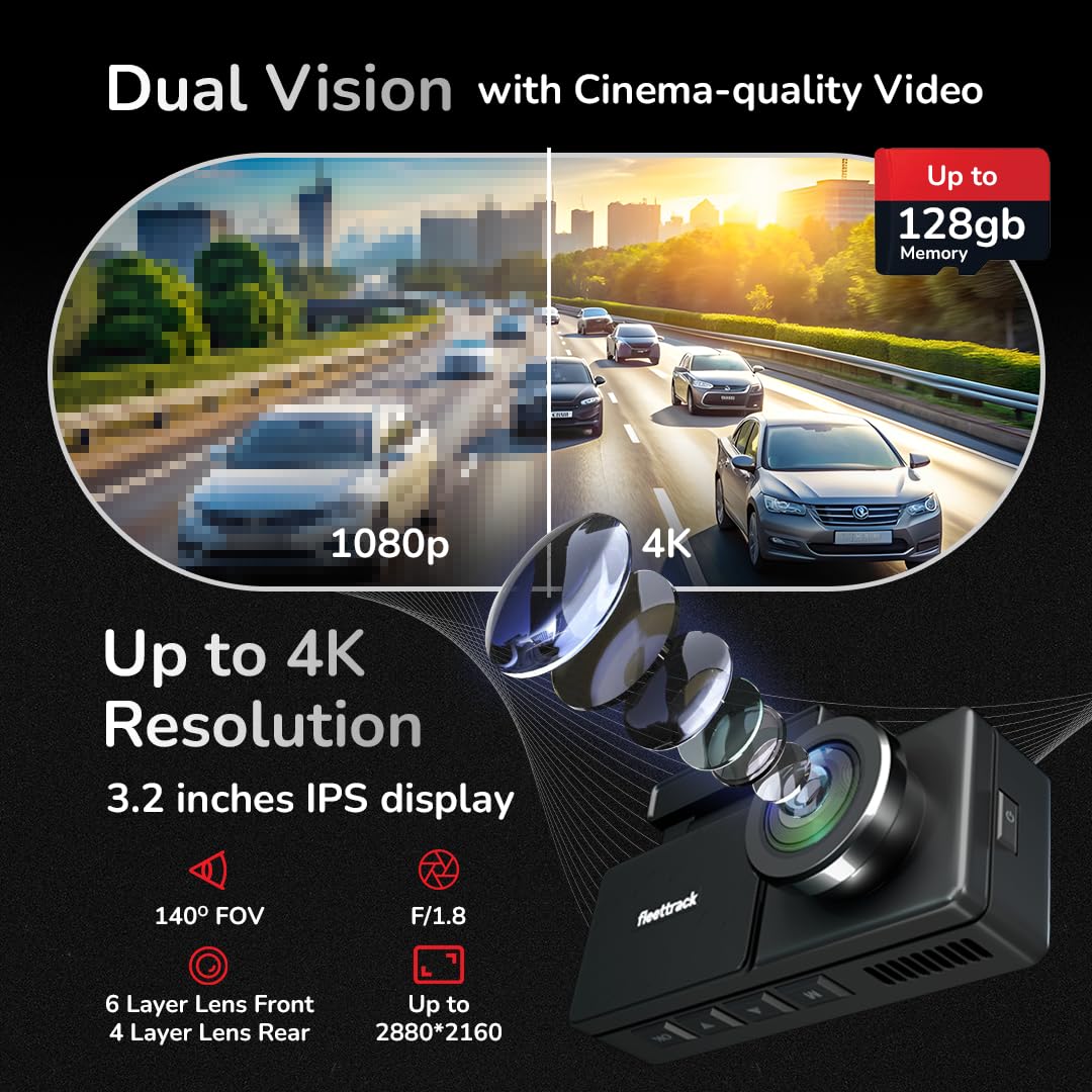 Fleettrack Car DashCam with GPS & WiFi | Night Vision | Voice Control | Parking Mode | Supports up to 128GB (Pro Hardwire (4K + 1080P + GPS Logger)) 1