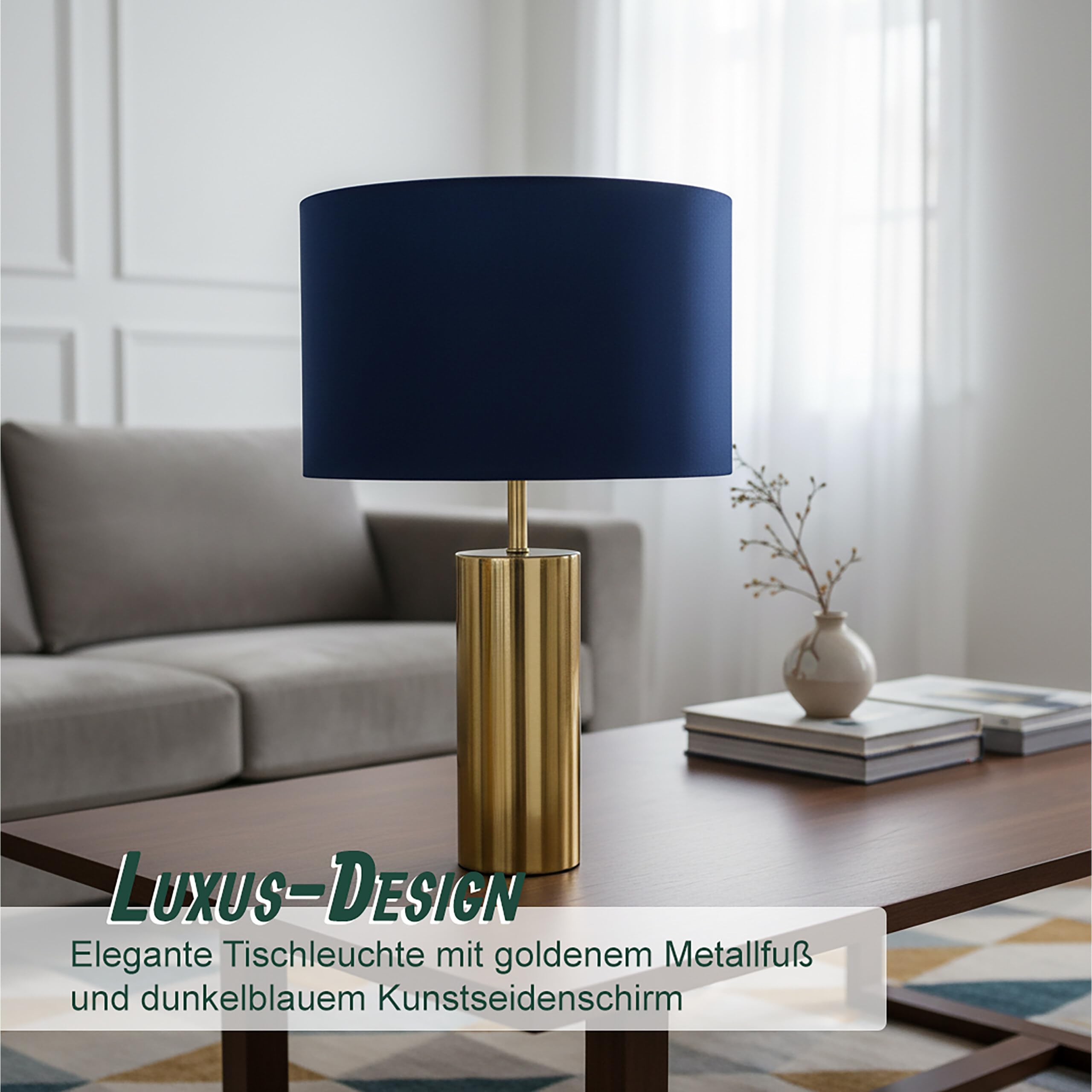 Relaxdays Tischlampe, Samtschirm & Metallfuß, E27, HD 51x32 cm, Nachttischlampe mit Kabel, Schlafzimmer, dunkelblau/Gold