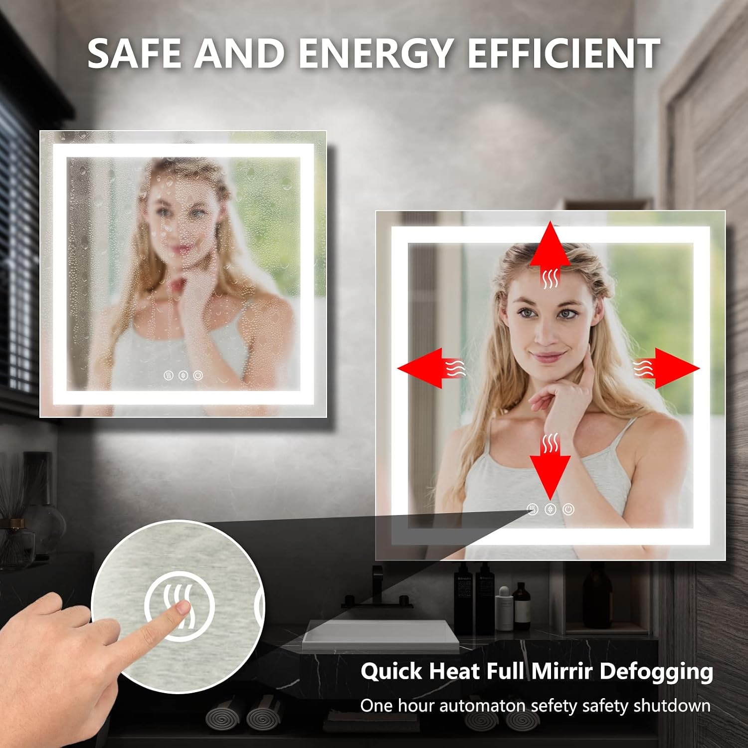 D'amour 36X36 Square Led BathroomMirror with Lights Dimmable Frameless Smart Vanity Mirror, Anti-Fog,IP67 Wall Mounted Waterproof Room Decor， ETL Listed, Memory Function，3 Buttons