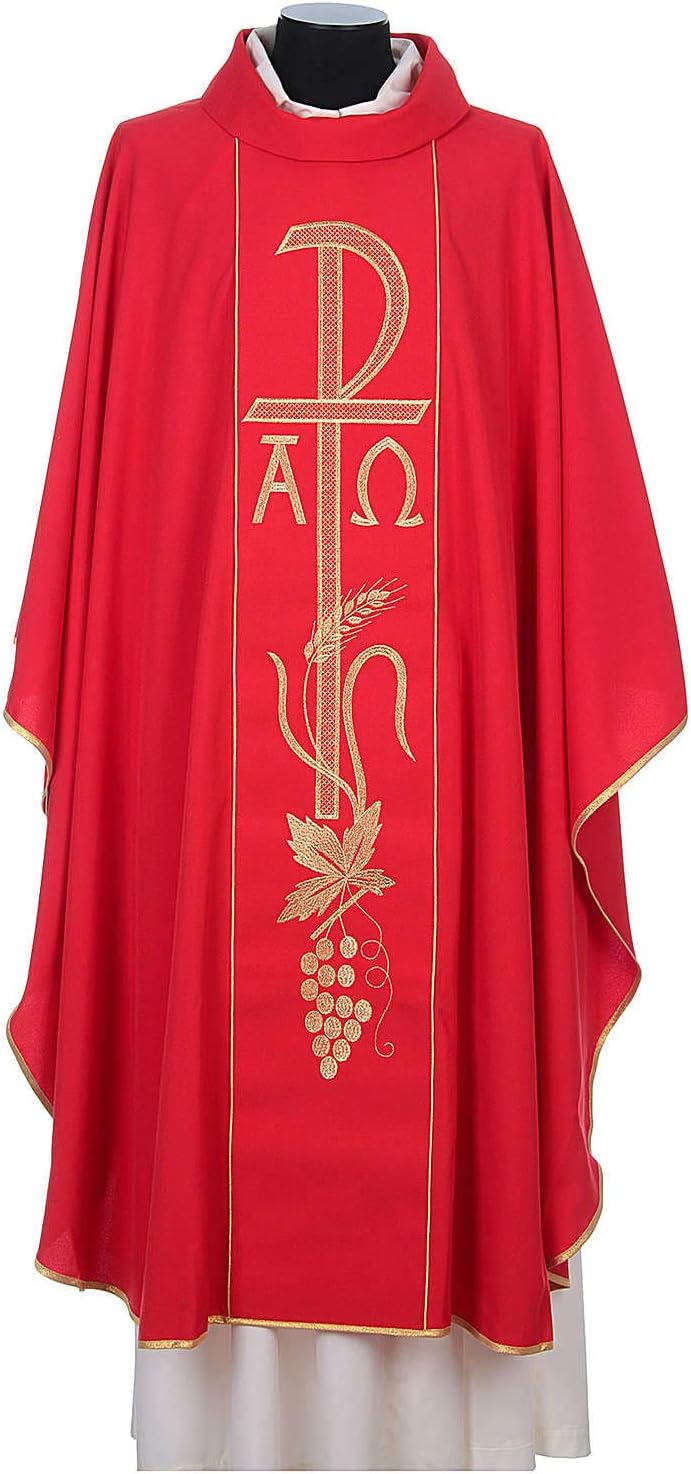Priest Chasuble with Chi-Rho, Alpha Omega Embroidery 80% Polyester 20% Wool, RedRed